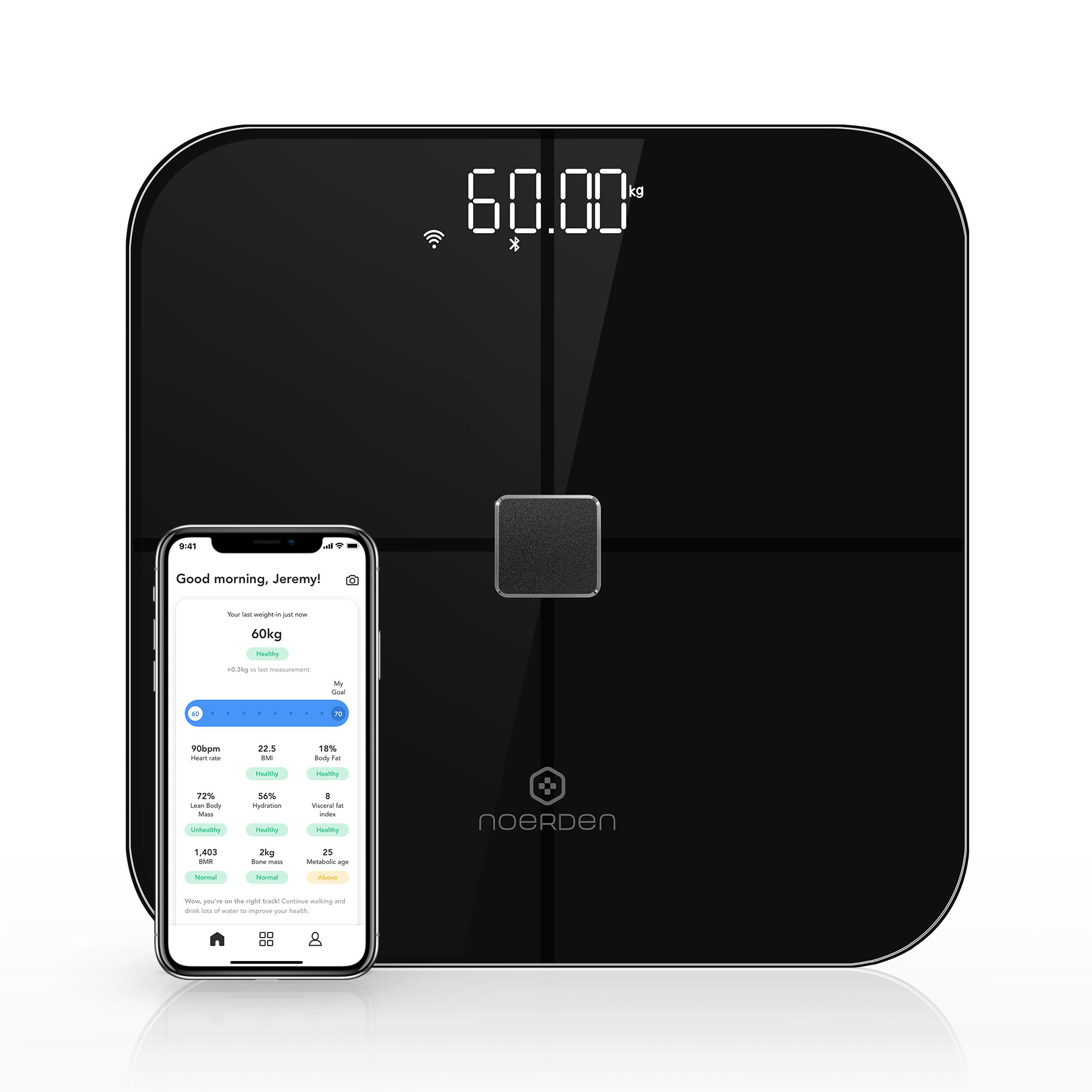 Schwarze Smart-Waage mit Telefon, das Gesundheitsdaten anzeigt. Zeigt 60,00 kg an. Weißer Hintergrund.