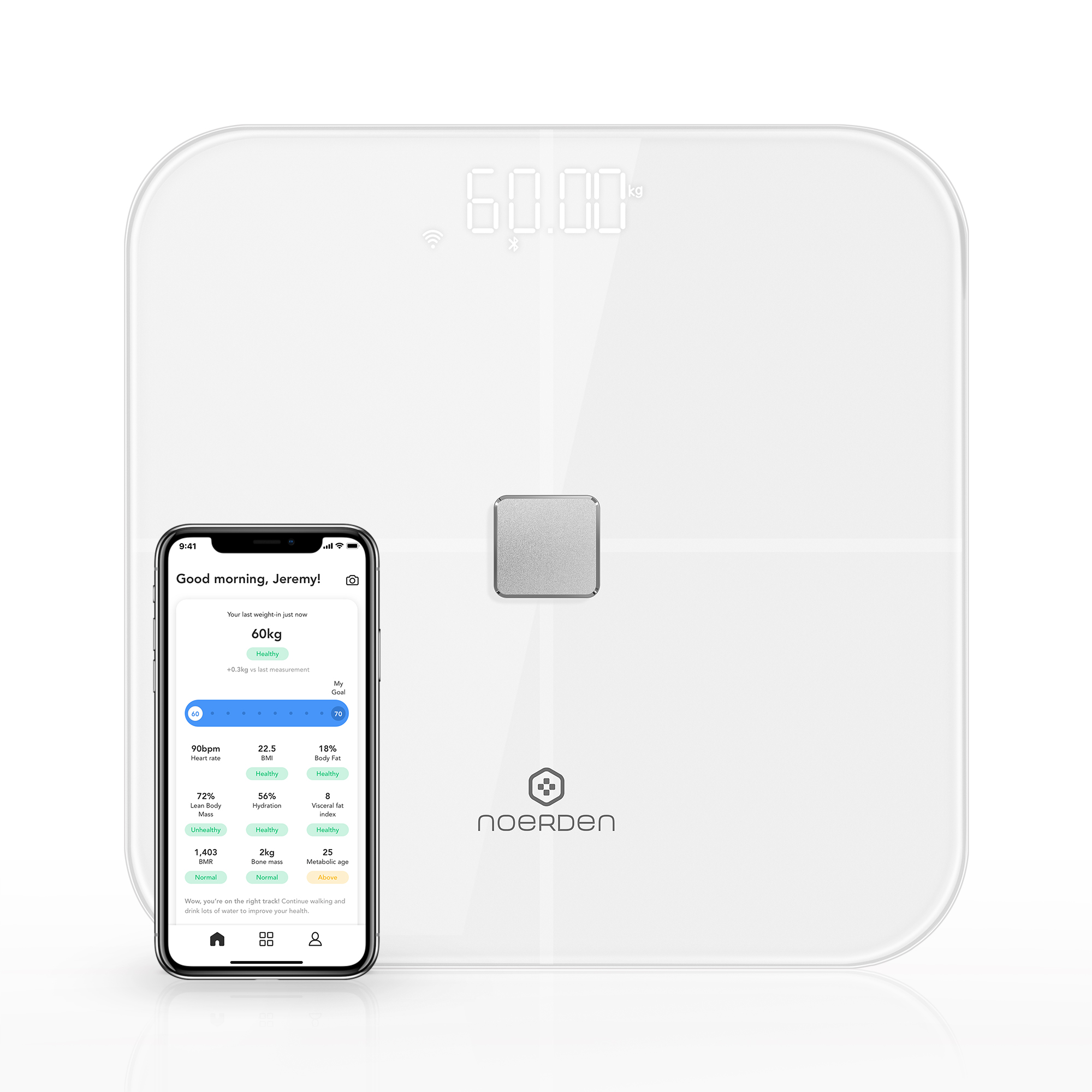Weiße Smart-Waage mit Digitalanzeige. Telefon zeigt Daten: Gewicht, BMI, Herzfrequenz.