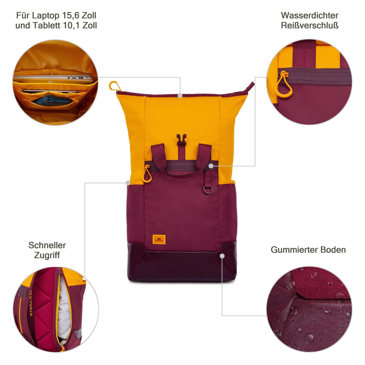 Uno zaino a scomparti multipli in giallo e bordeaux, con etichette e dettagli. Include un laptop.