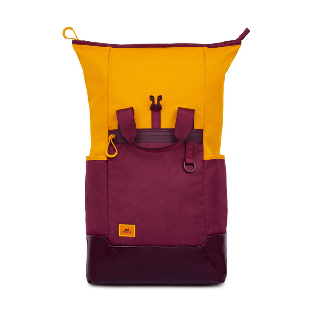 Uno zaino colorato con sezioni gialle, bordeaux e nere, una tasca e una maniglia in alto.