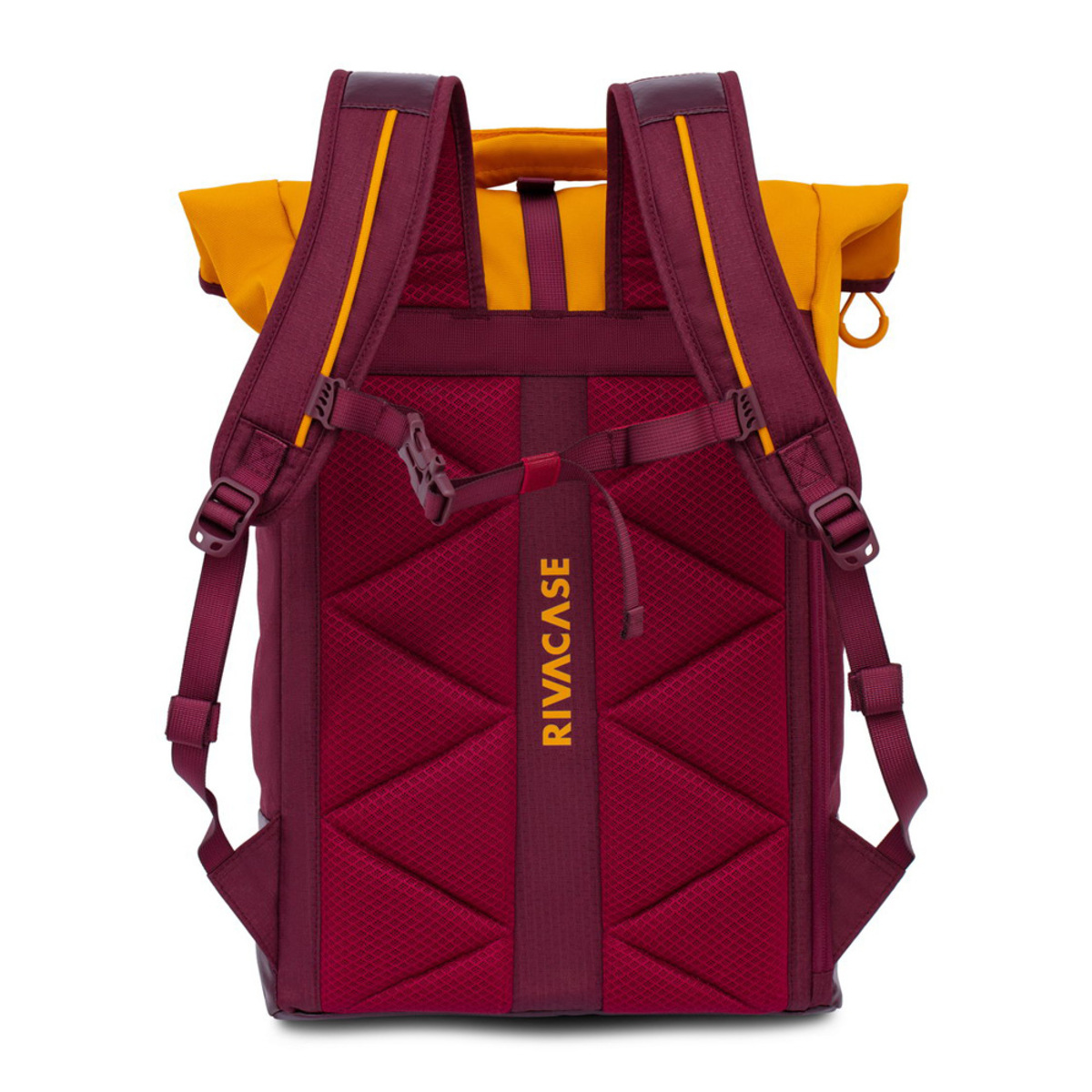 Zaino con schienale e spallacci bordeaux, parte superiore gialla e logo Rivacase.