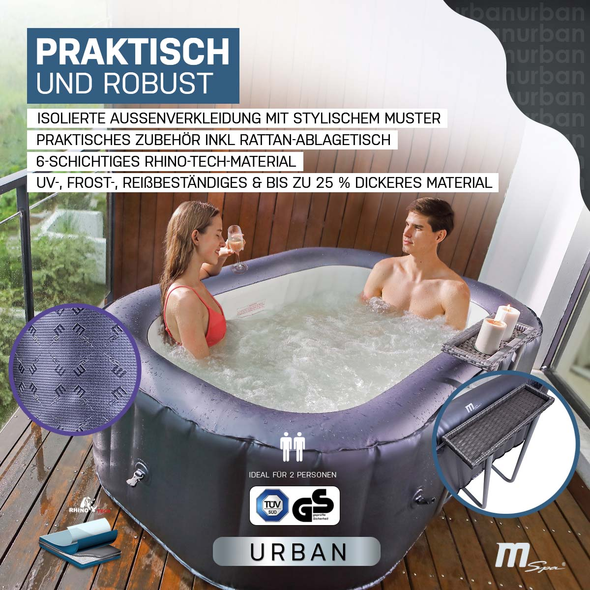 Leute in einem Whirlpool. Der Text besagt praktisch und robust und enthält einen Tisch.