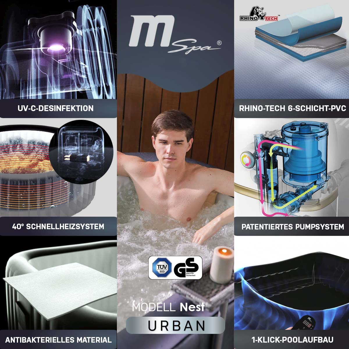 Spa mit mehreren Funktionen und ein Mann im Wasser.