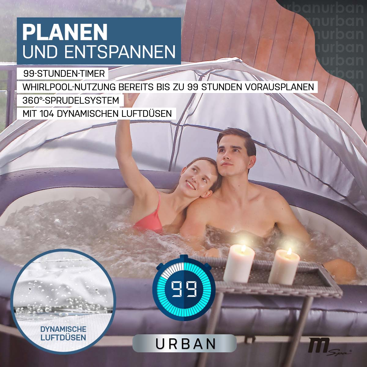 Paar entspannt sich in einem Whirlpool. Text: planen und entspannen. Kerzen und das Spa-Logo sind sichtbar. Hintergrund unscharf.
