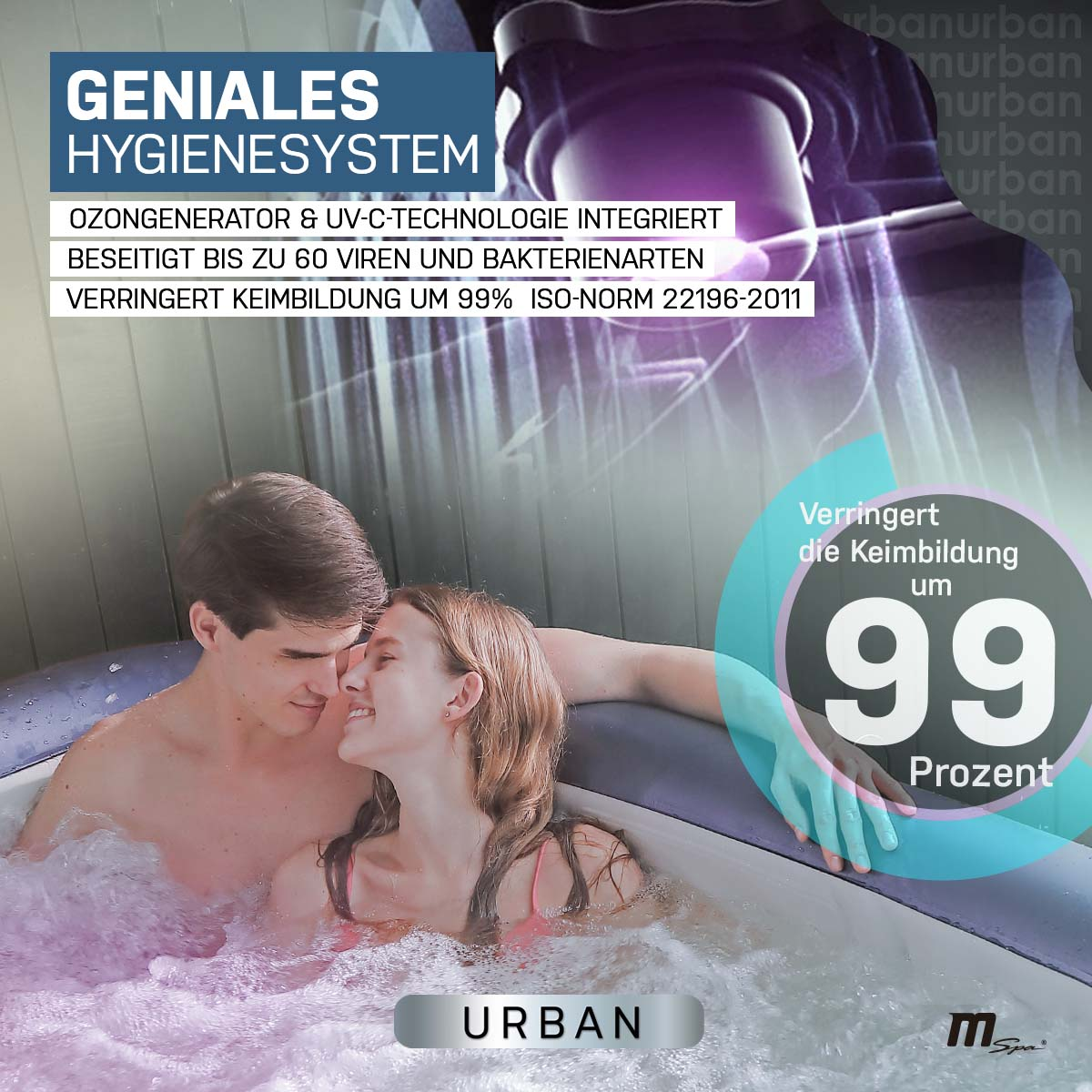 Ein Paar in einem Whirlpool mit Text über ein Hygieniesystem und 99% Keimreduktion.