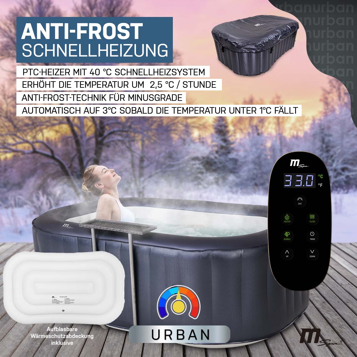Frau im Whirlpool, mit Digitalanzeige und Abdeckung. Der Hintergrund ist eine Winterszene.