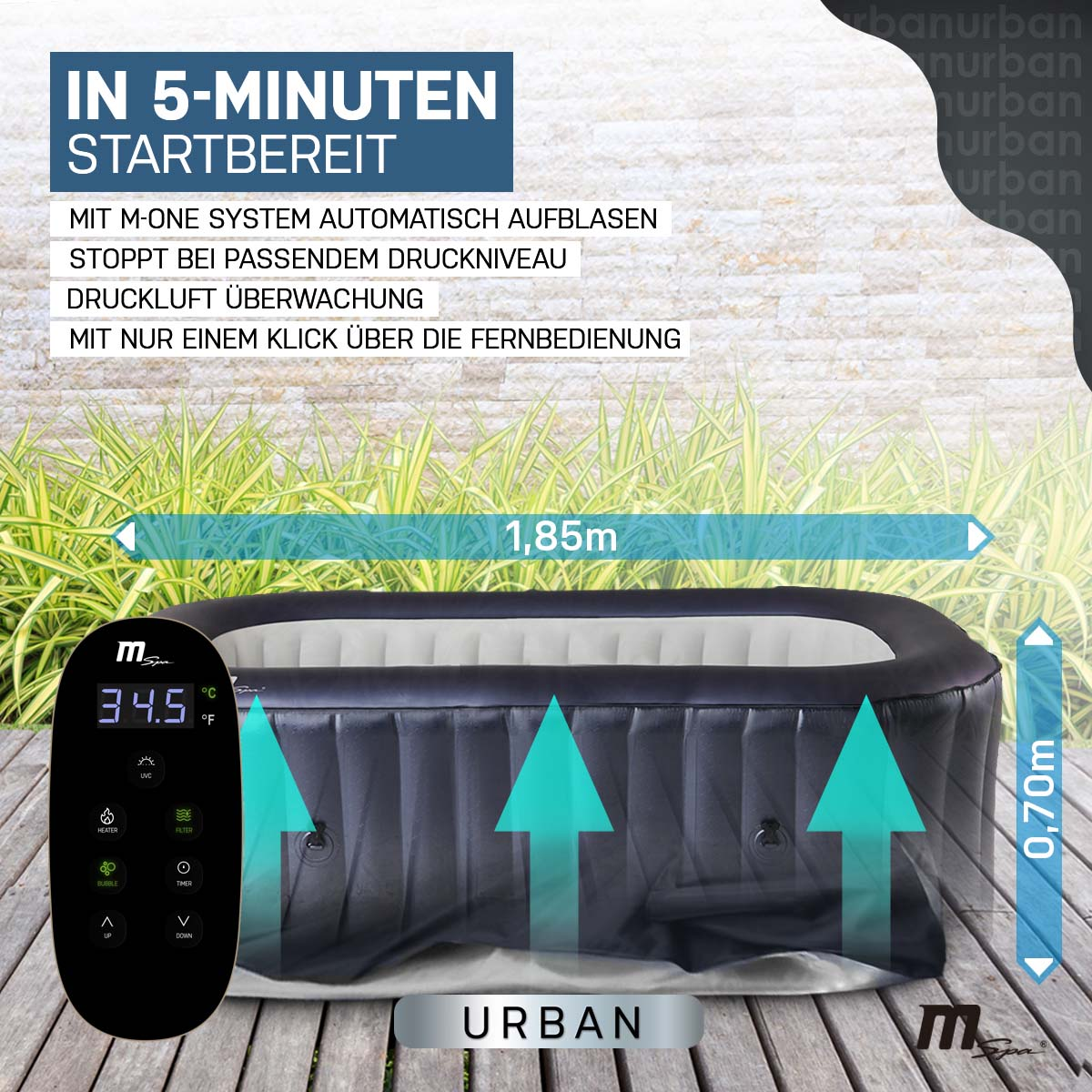 Ein Whirlpool im Freien mit Bedienfeld, umgeben von grünen Pflanzen und einem Zaun.
