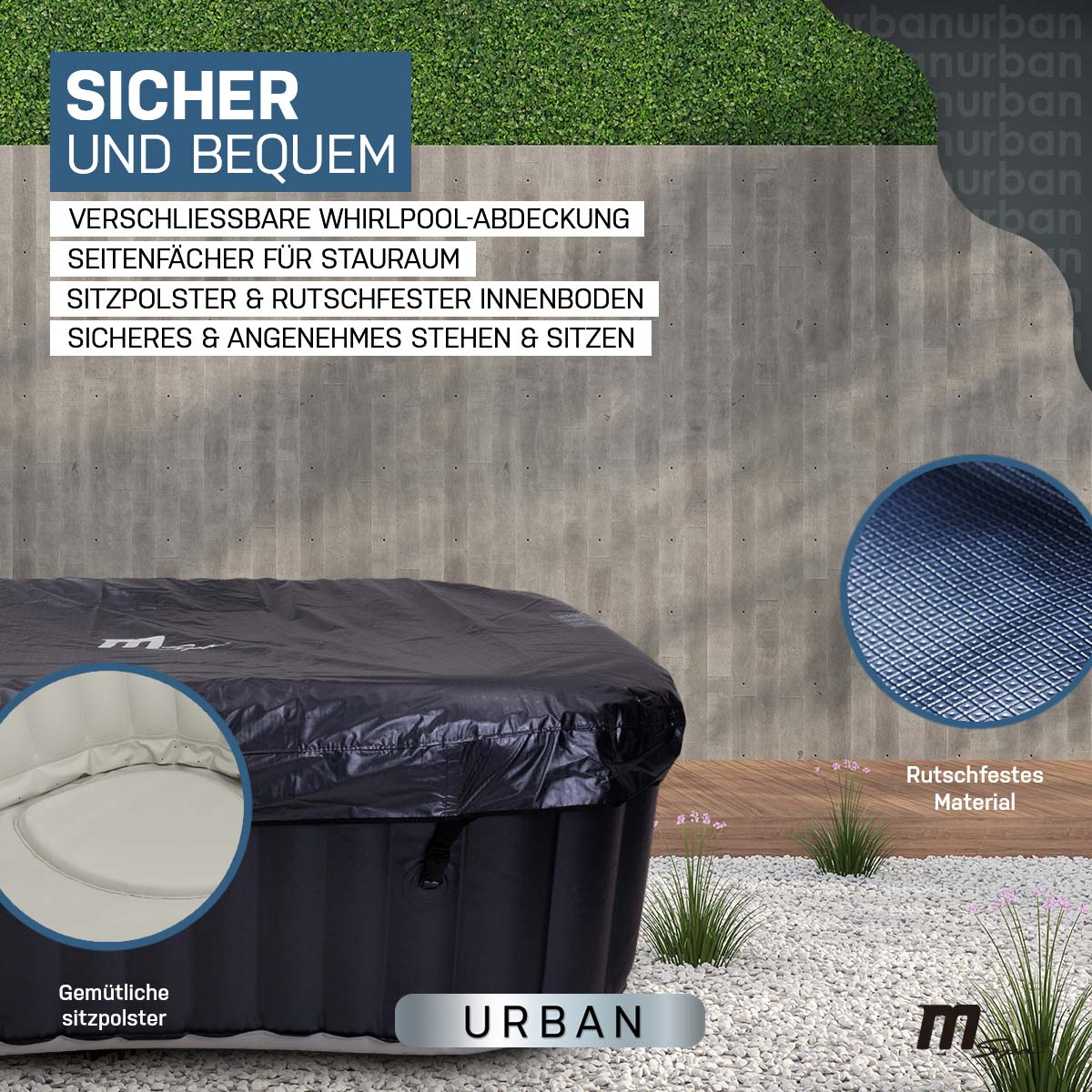 Schwarzer Whirlpool mit Abdeckung, Text und Stein- und Grasakzenten im Hintergrund.