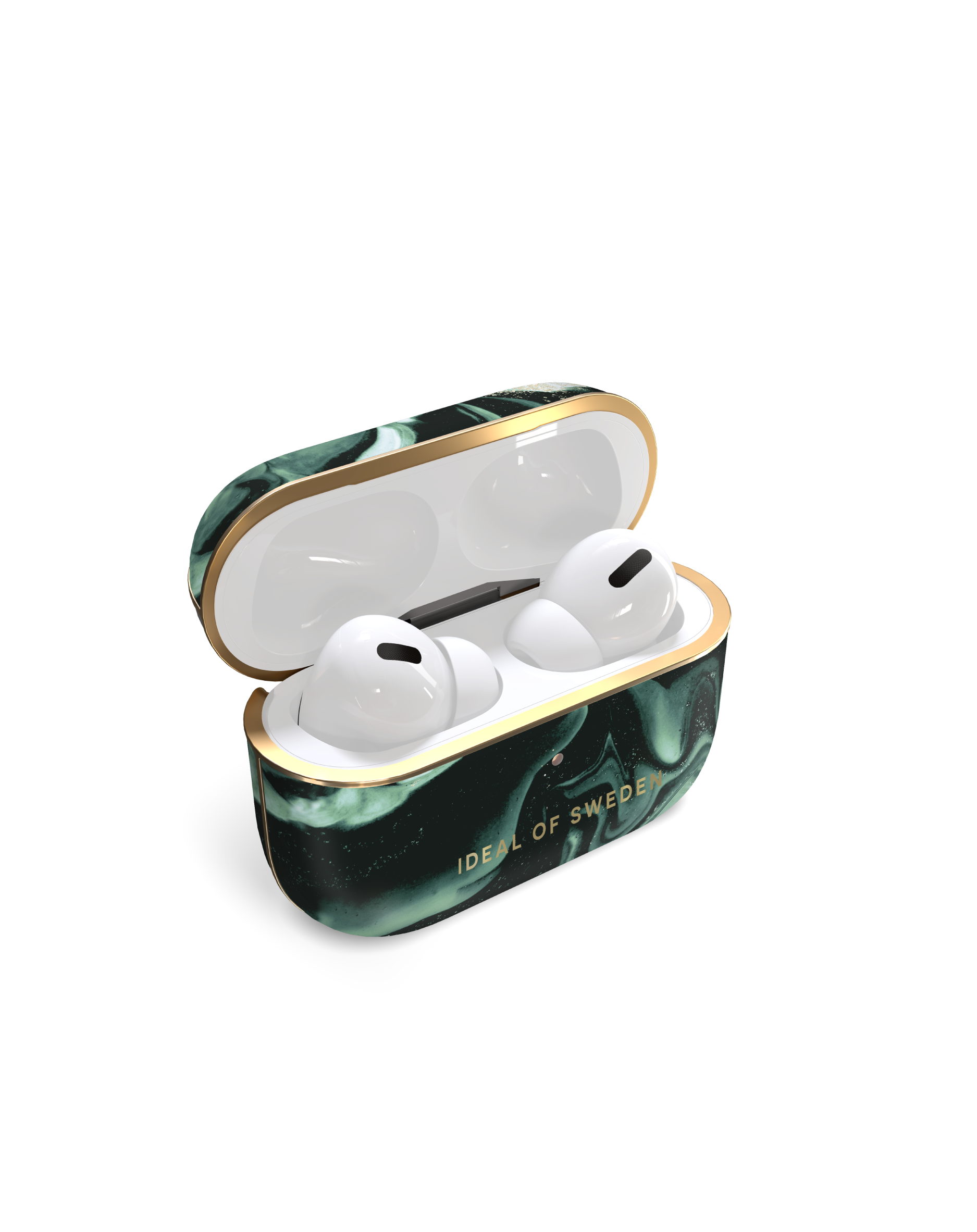 Weiße Ohrhörer in einem Etui mit goldener Verzierung. Das Etui hat ein grünes Marmordesign.