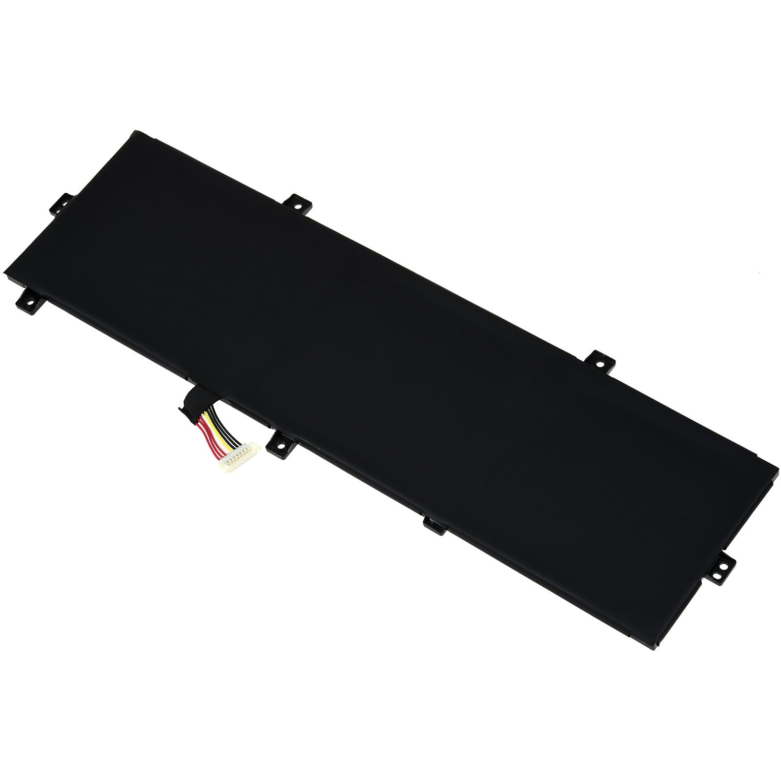 Eine schwarze Batterie mit einem Stecker und mehrfarbigen Drähten auf weißem Hintergrund.