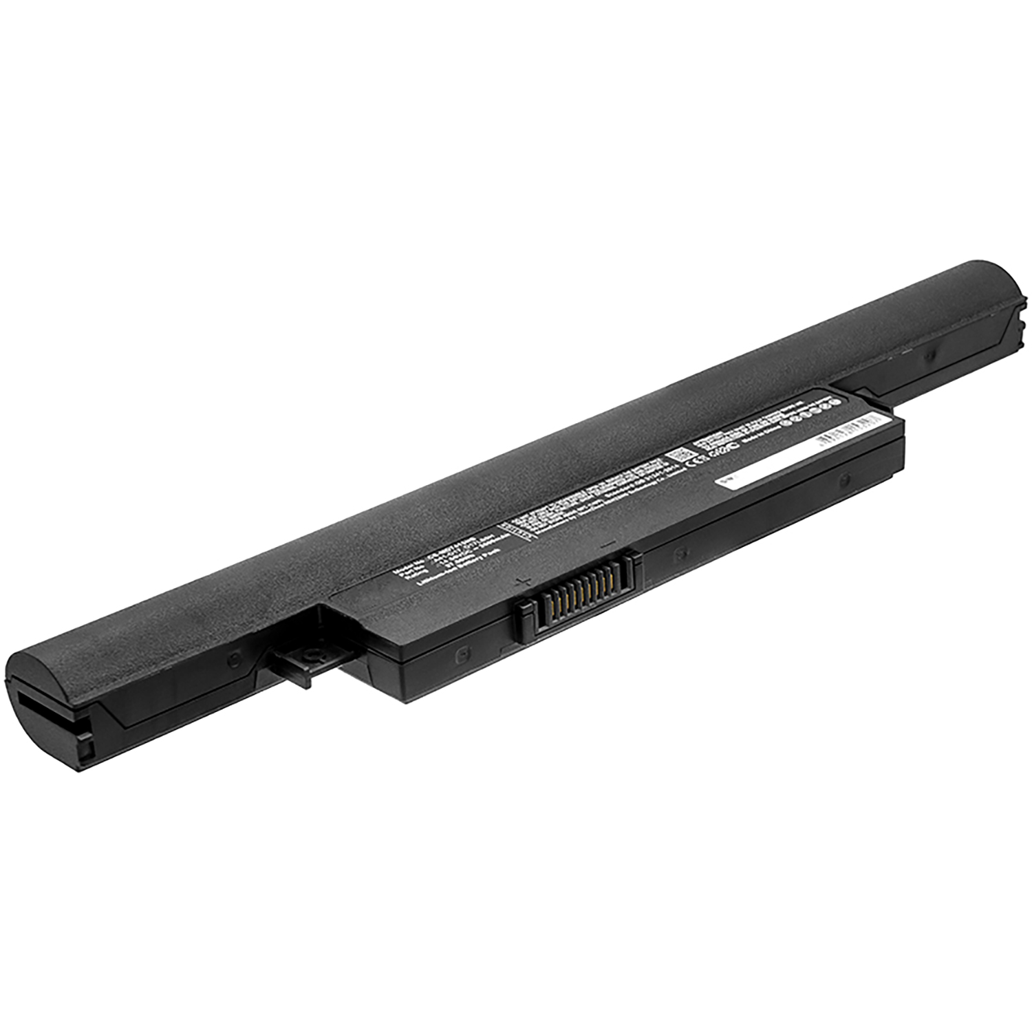 Schwarzer Laptop-Akku auf weißem Hintergrund. Er ist rechteckig und hat einen Stecker.