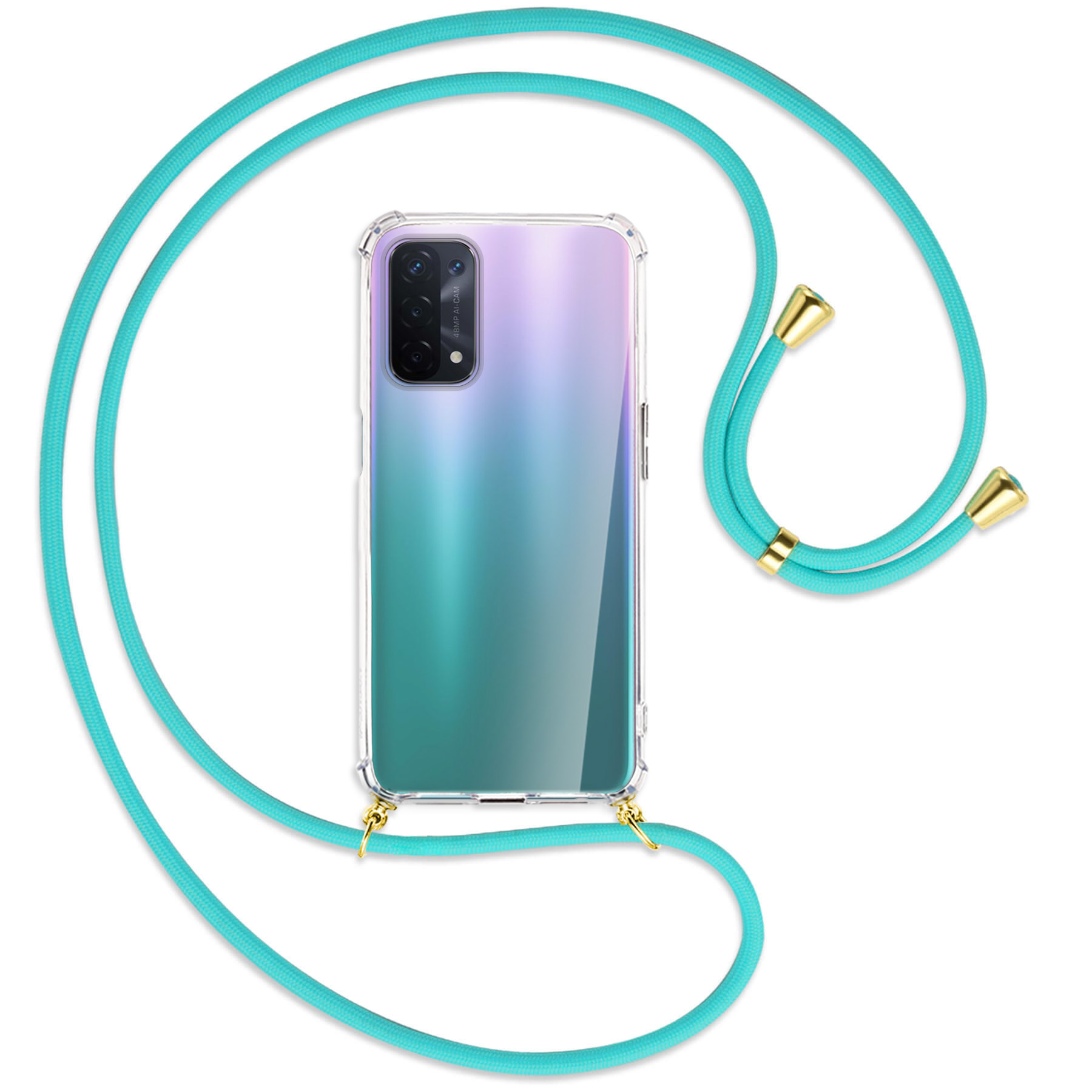 Transparente Handyhülle mit türkisblauem Kabel. Das Gehäuse befindet sich auf einem Telefon.