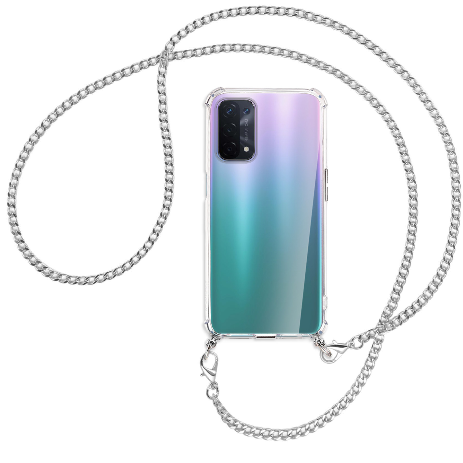Ein Telefon in einer transparenten Hülle mit einer silbernen Kette. Die Rückseite des Telefons ist blau-grün.