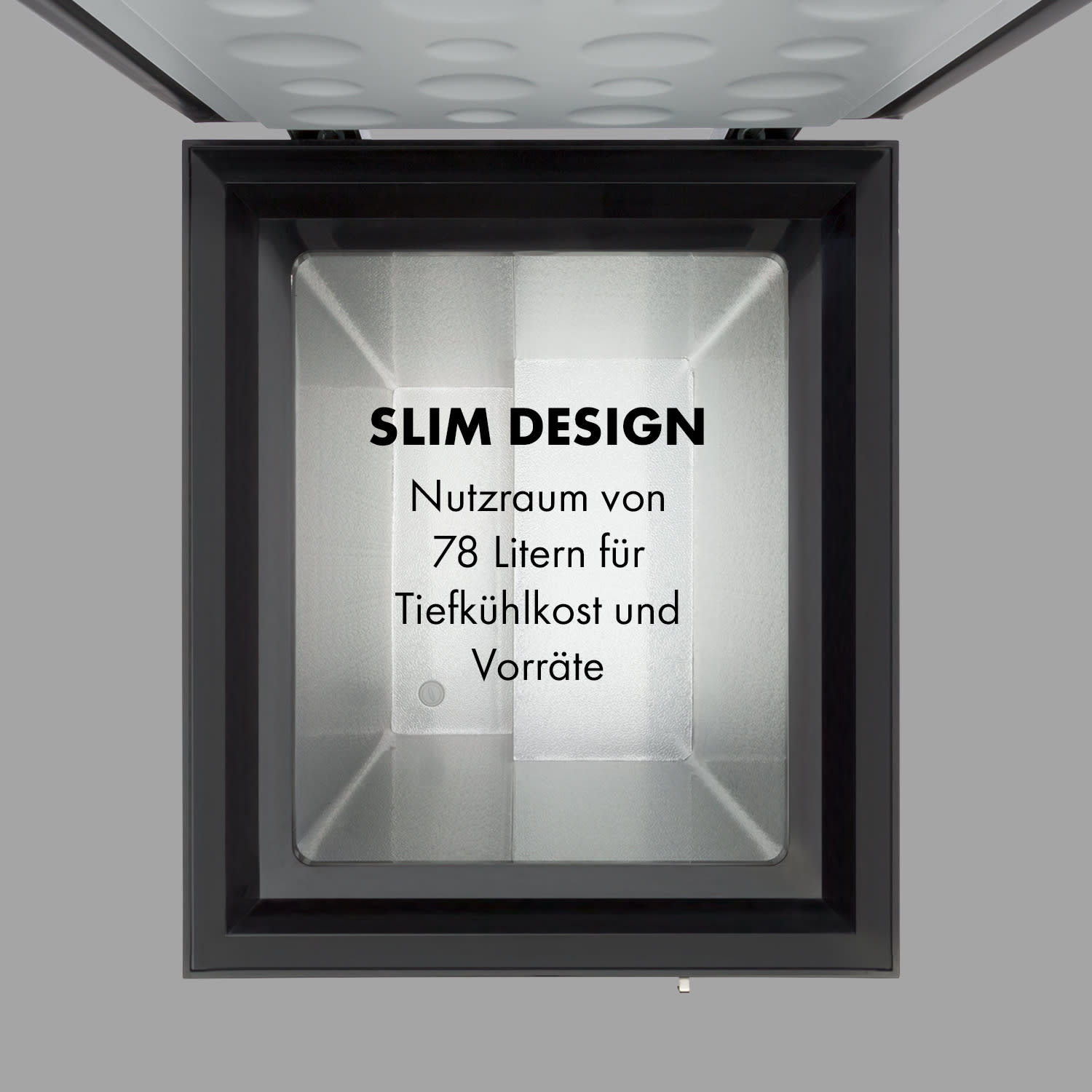 Gefrierschrank Innenraum. Es hat ein schlankes Design und bietet Platz für 78 Liter Tiefkühlkost und Vorräte.