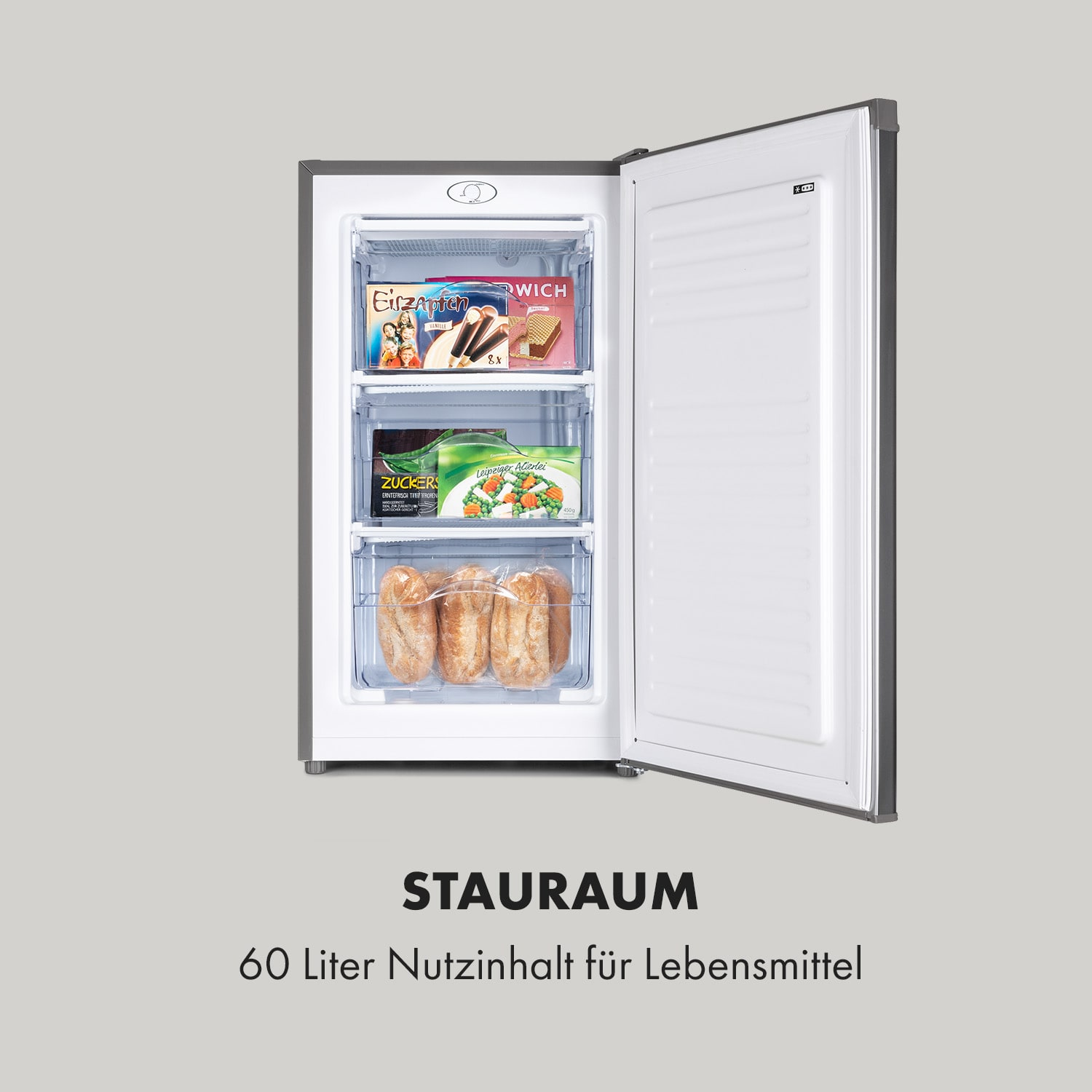 Un congelatore argentato con la porta aperta, che mostra generi alimentari. Il testo recita: 60 Liter Nutzinhalt für Lebensmittel.