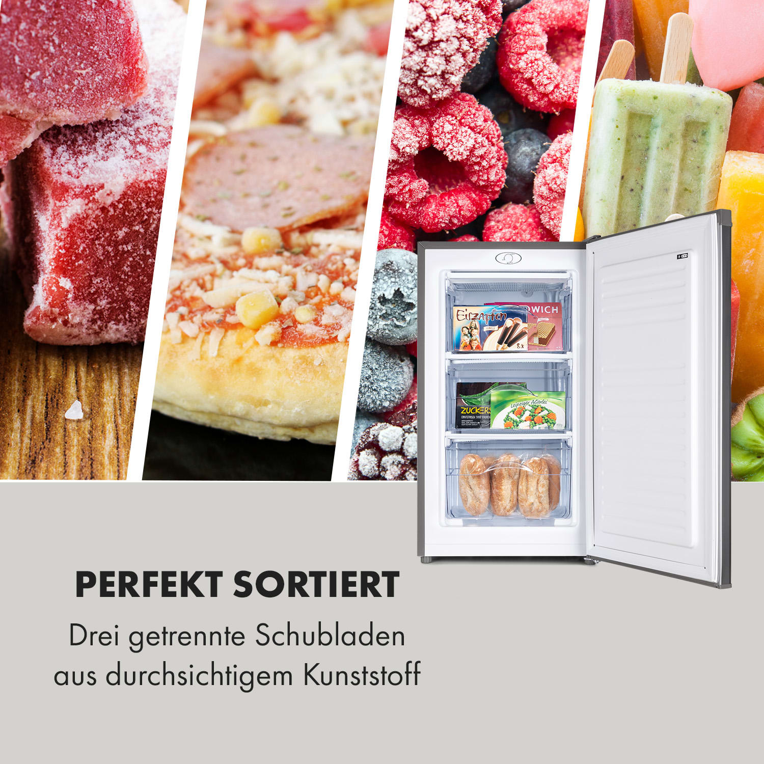 Congelatore con cibo surgelato nei cassetti. Prodotti alimentari assortiti.