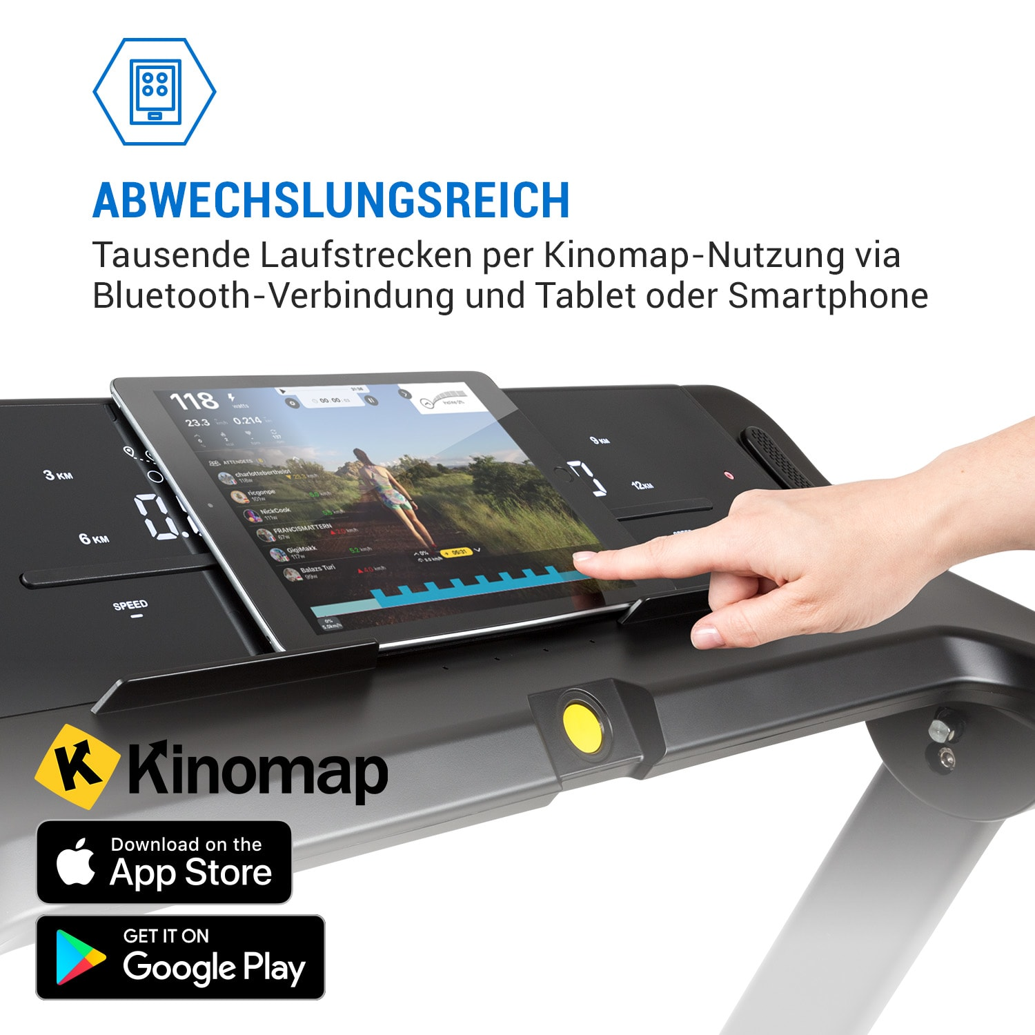 Eine Person, die mit einem Tablet auf einem Laufband interagiert. Text auf Deutsch.