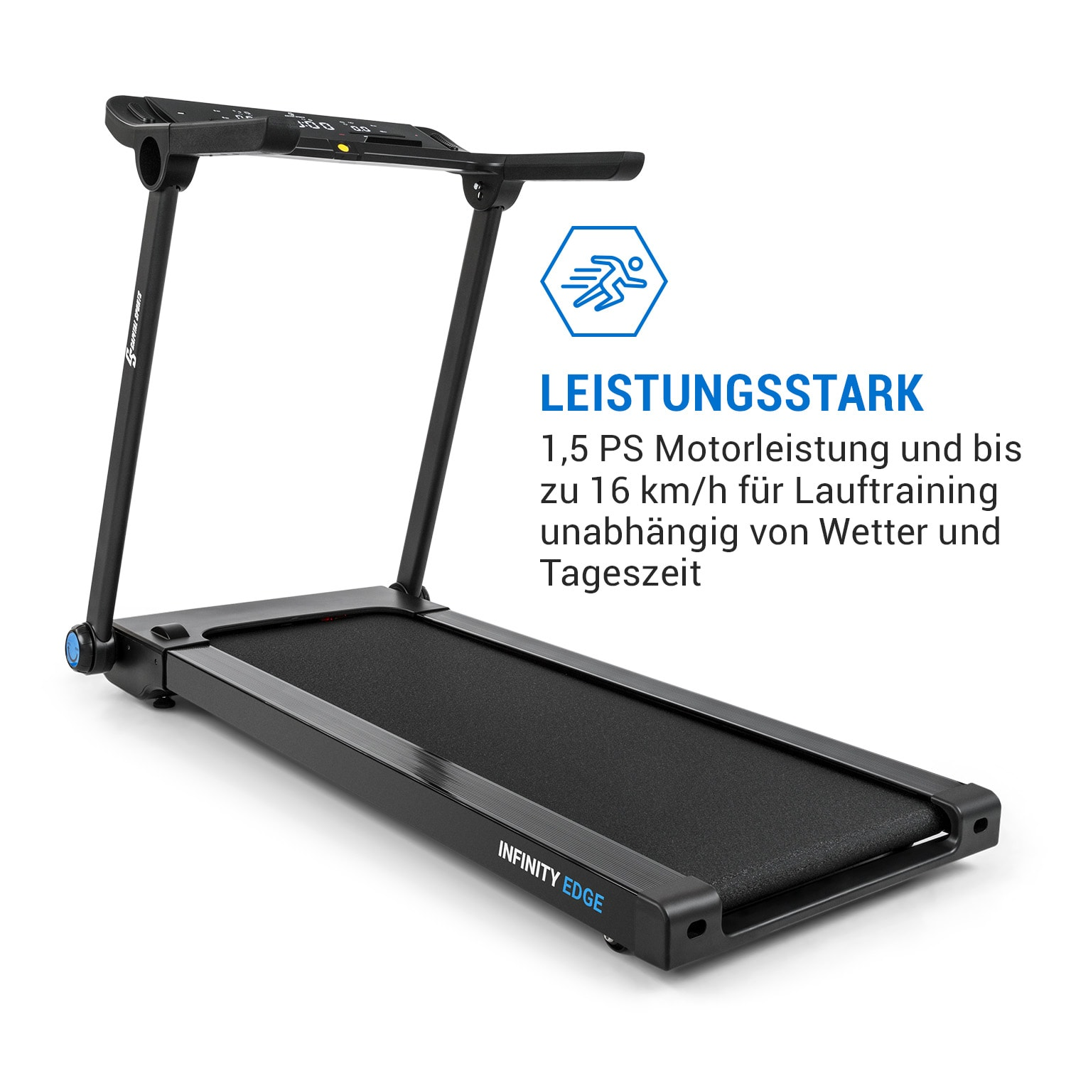 Schwarzes Laufband mit Digitalanzeige. Das Laufband steht auf weißem Hintergrund.