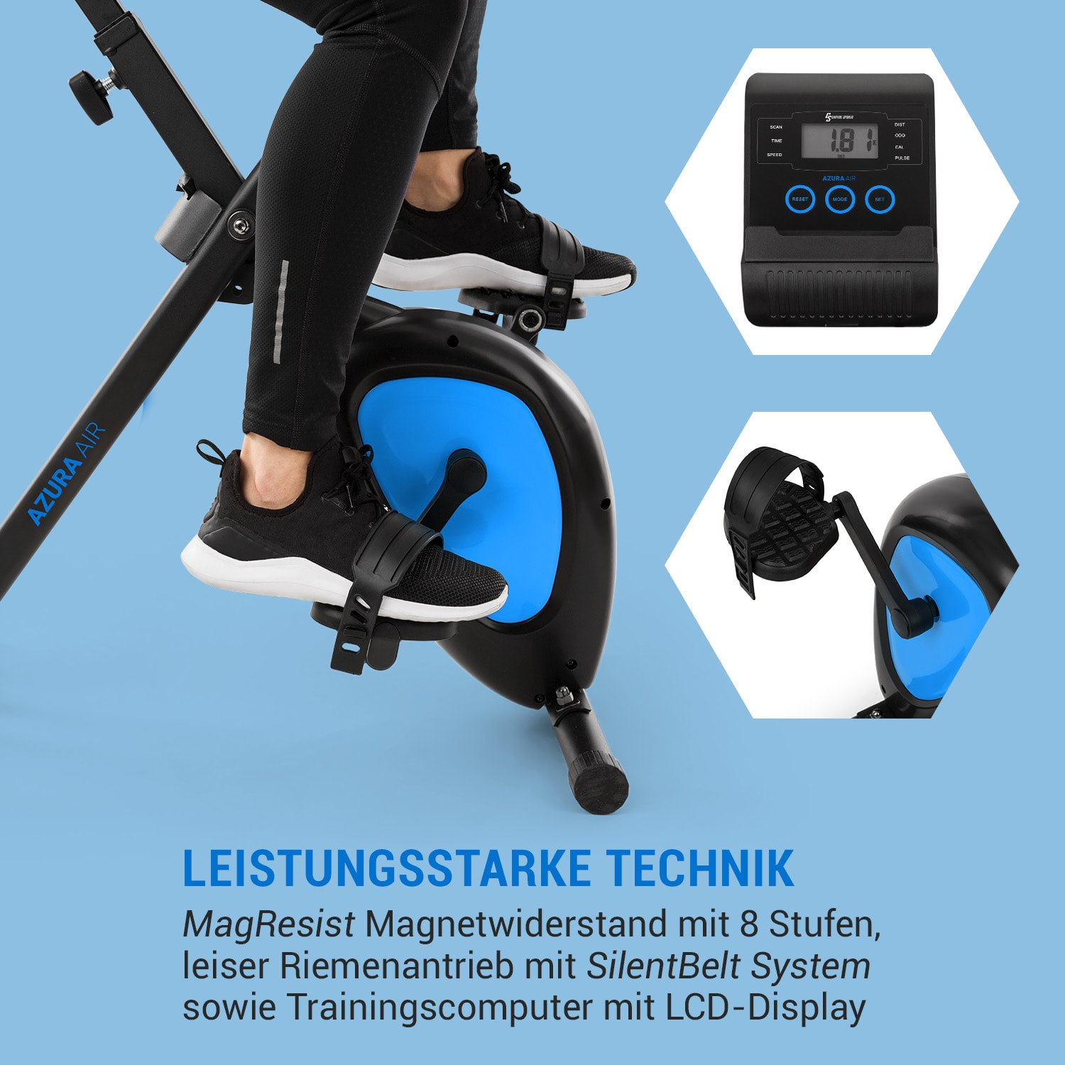 Stationäres Trainingsfahrrad mit einer Person, die es benutzt. Anzeigen und zusätzliche Detailaufnahmen.