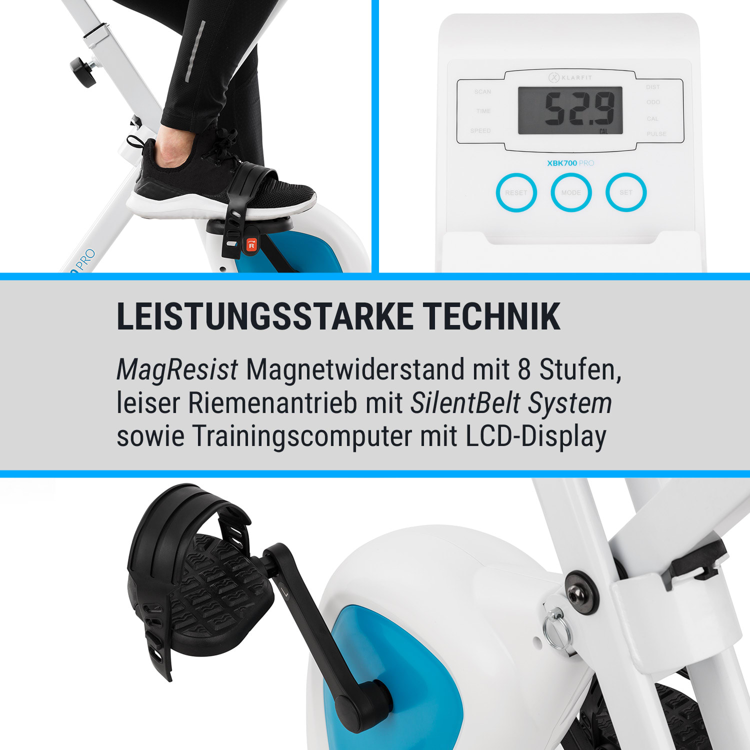 Ein Trainingsfahrrad mit Digitalanzeige, die Geschwindigkeit, Zeit und Entfernung anzeigt.