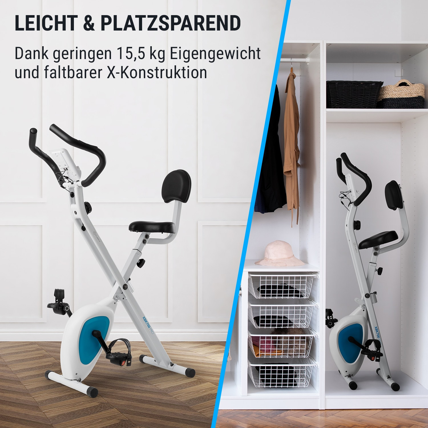 Klappbares und ausgeklapptes Fitnessrad, gezeigt in einem Raum und in einem Schrank. Blaue Akzente.