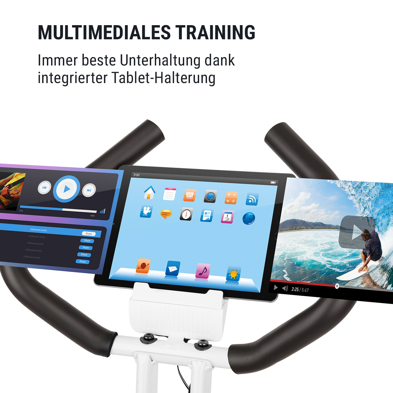 Nahaufnahme eines Tablethalters mit drei Bildschirmen, die Video- und App-Oberflächen zeigen.