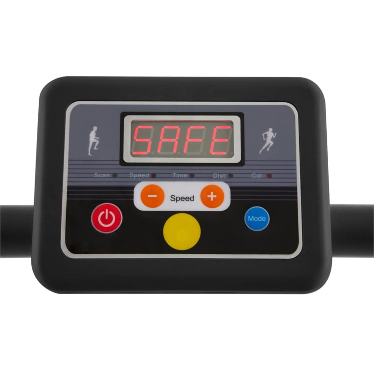 Laufband-Bedienfeld mit SAFE und Optionen wie Scan, Geschwindigkeit, Zeit, Distanz und Modus.