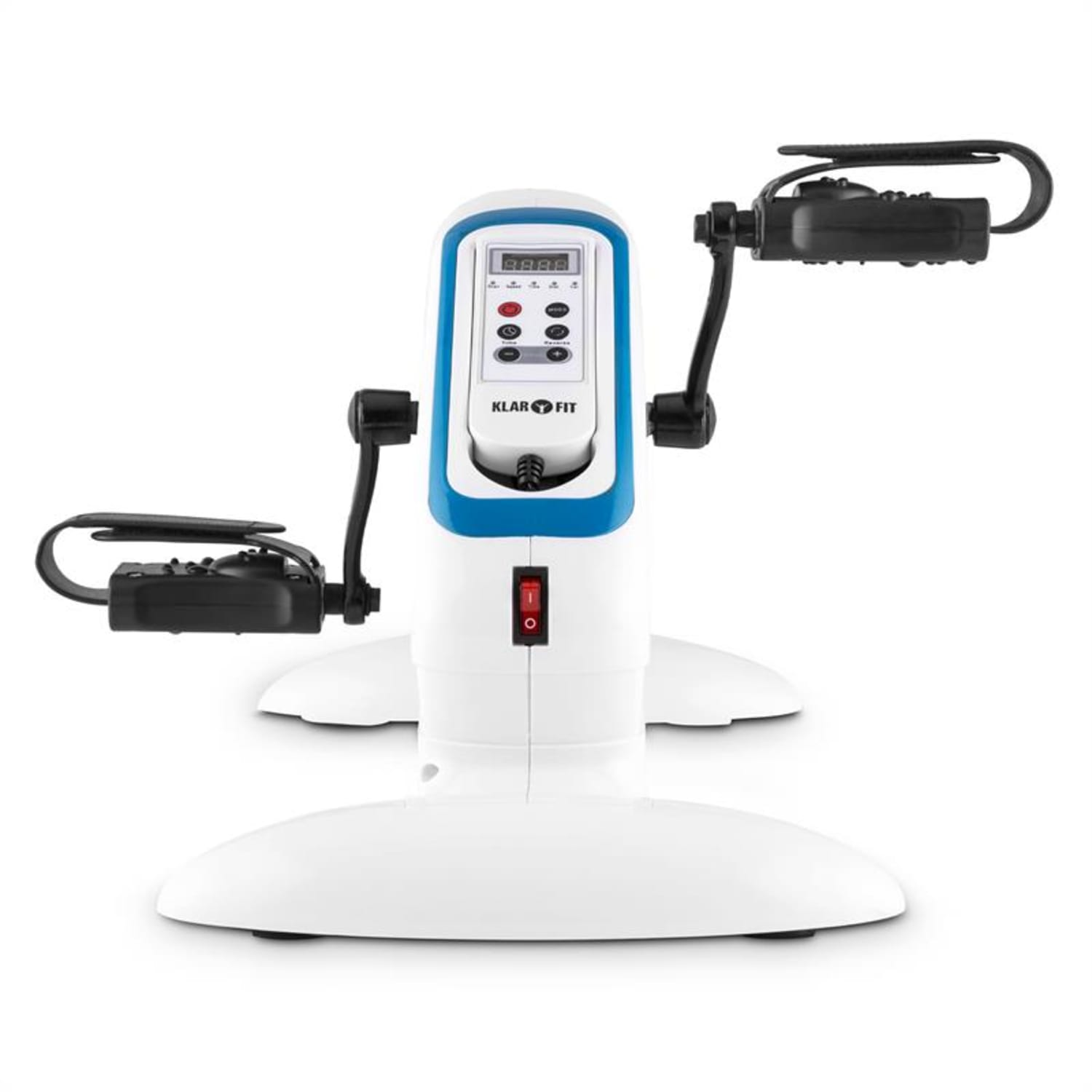 Ein weiß-blaues Trainingsfahrrad mit digitalem Display und Pedalen mit Griffen.