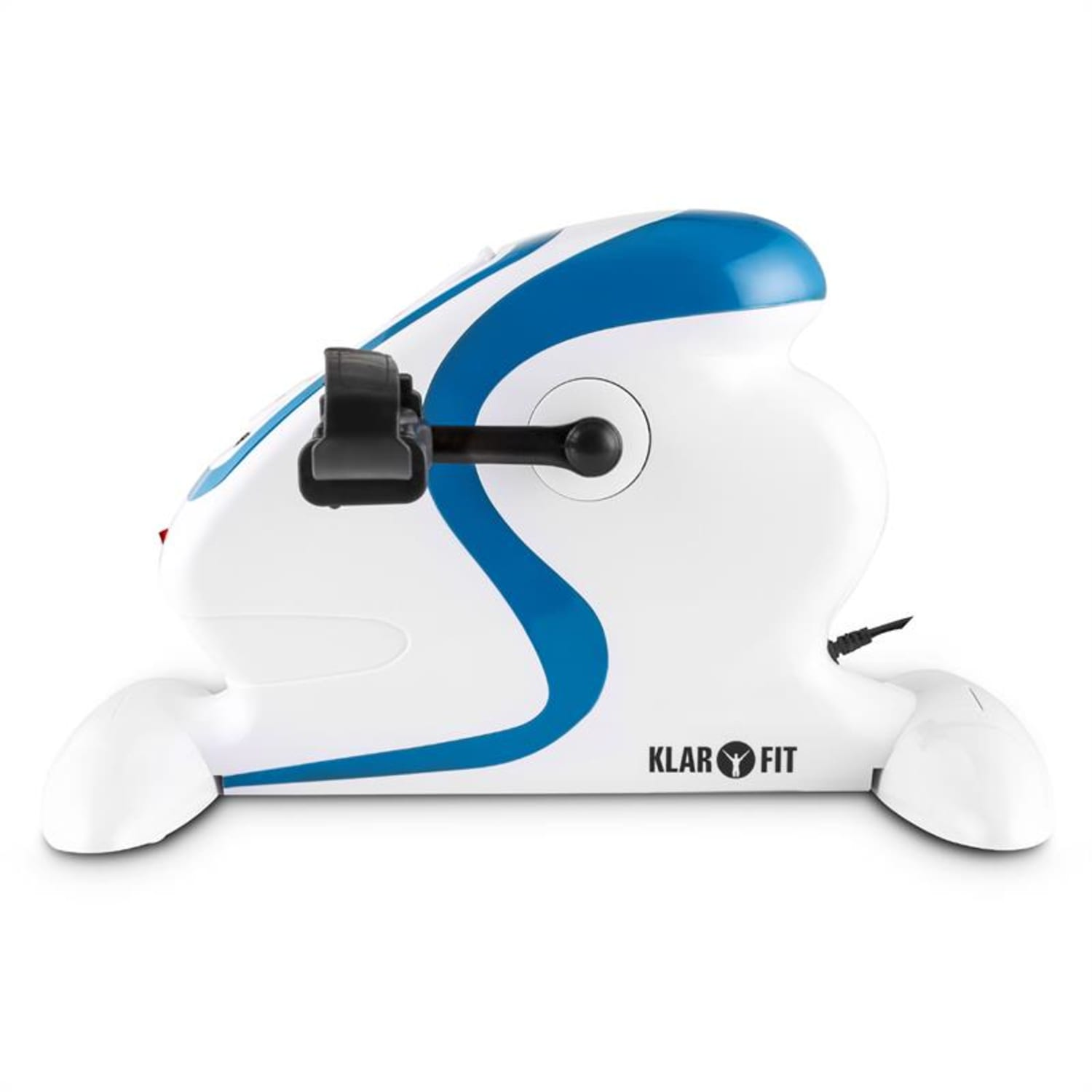 Ein weißes und blaues Heimtrainer. Es hat ein Display und Pedale.