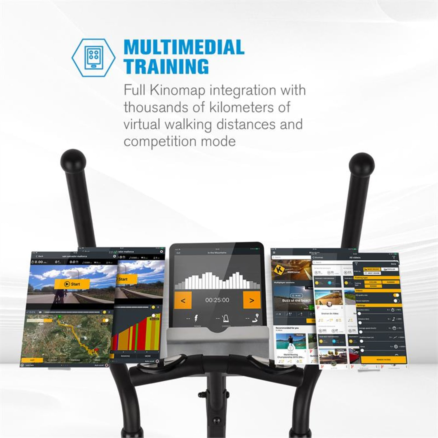 Trainingsgerät mit integrierten Tablets, die Trainingsdaten und virtuelle Umgebungen anzeigen.