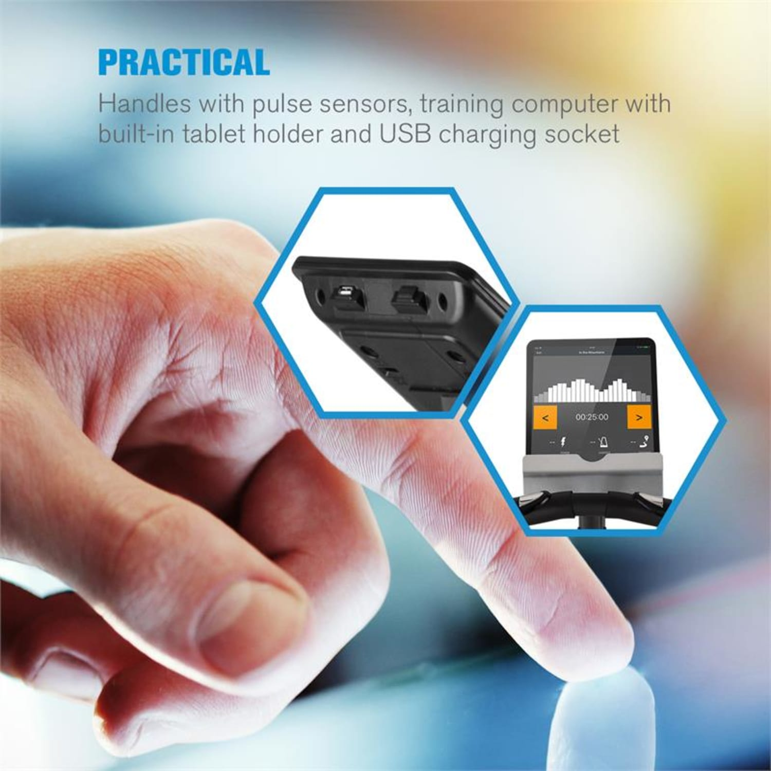 Hand auf einem Bildschirm. Detailbilder zeigen Tablethalter, USB-Ladeanschluss und Tablet-Oberfläche.
