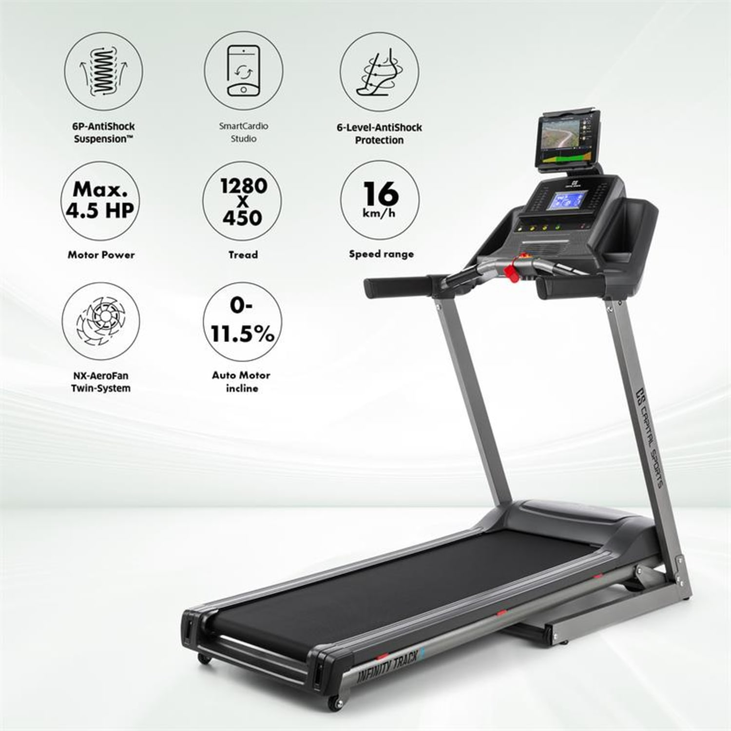 Laufband mit verschiedenen angezeigten Daten und Symbolen.