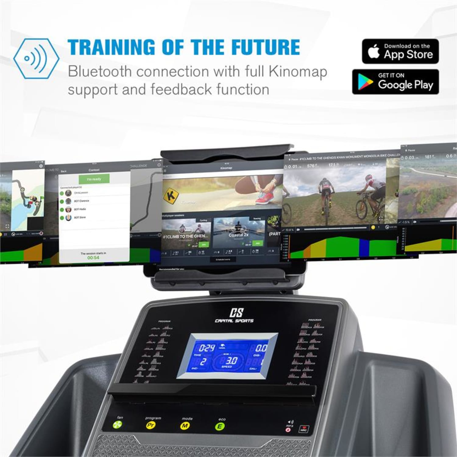 Laufband mit mehreren Bildschirmen, die Trainingsdaten und die Kinomap-App anzeigen. Schwarz-graues Design.