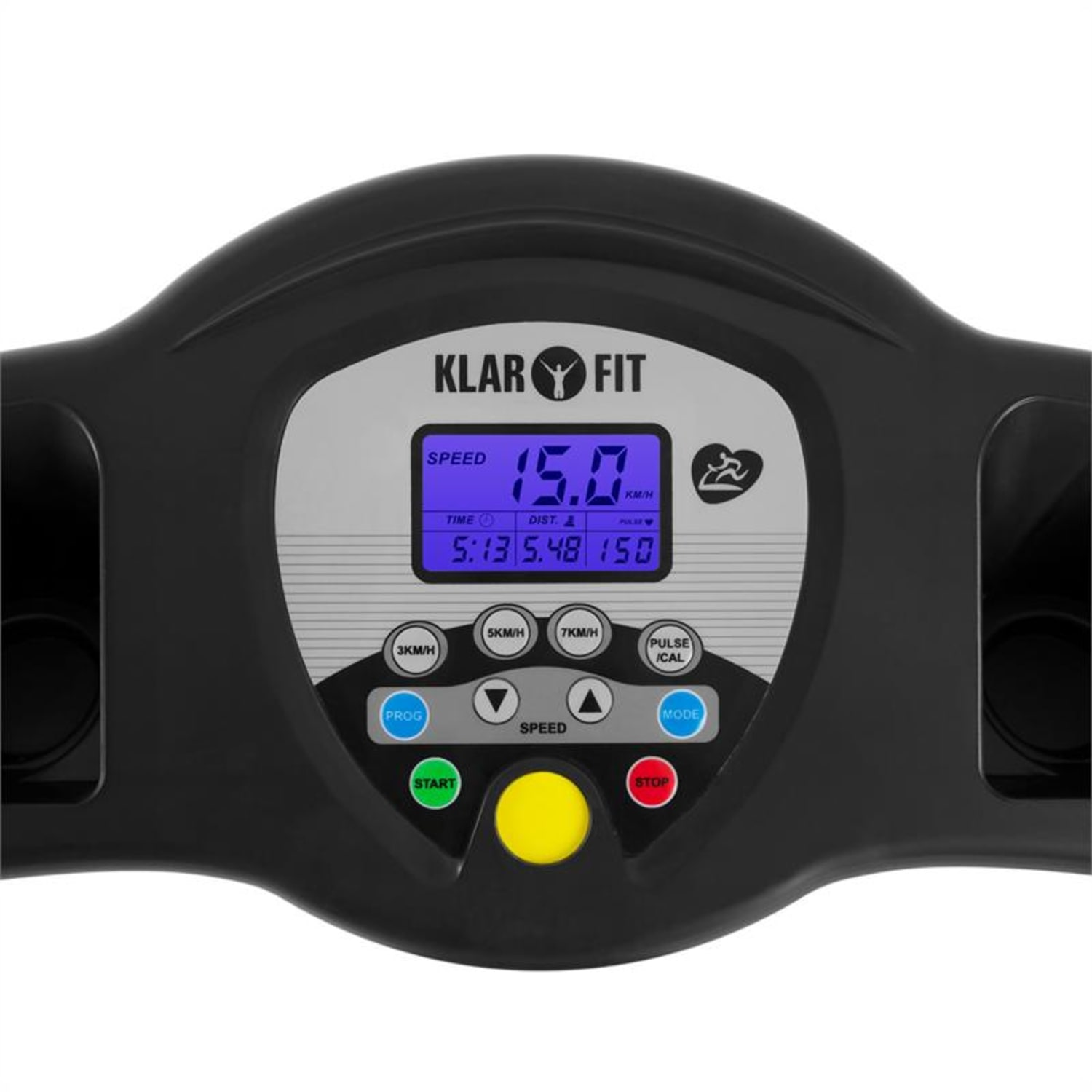 Panel de control de cinta de correr. Muestra velocidad, tiempo, distancia y calorías. Hay botones.