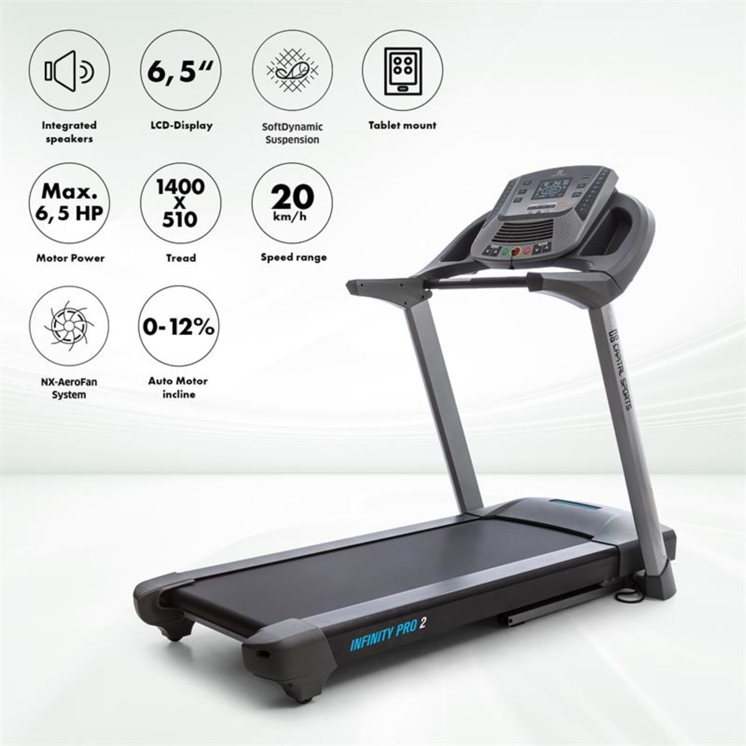 Graues Laufband mit Funktionssymbolen und Beschreibungen. Weißer Hintergrund.