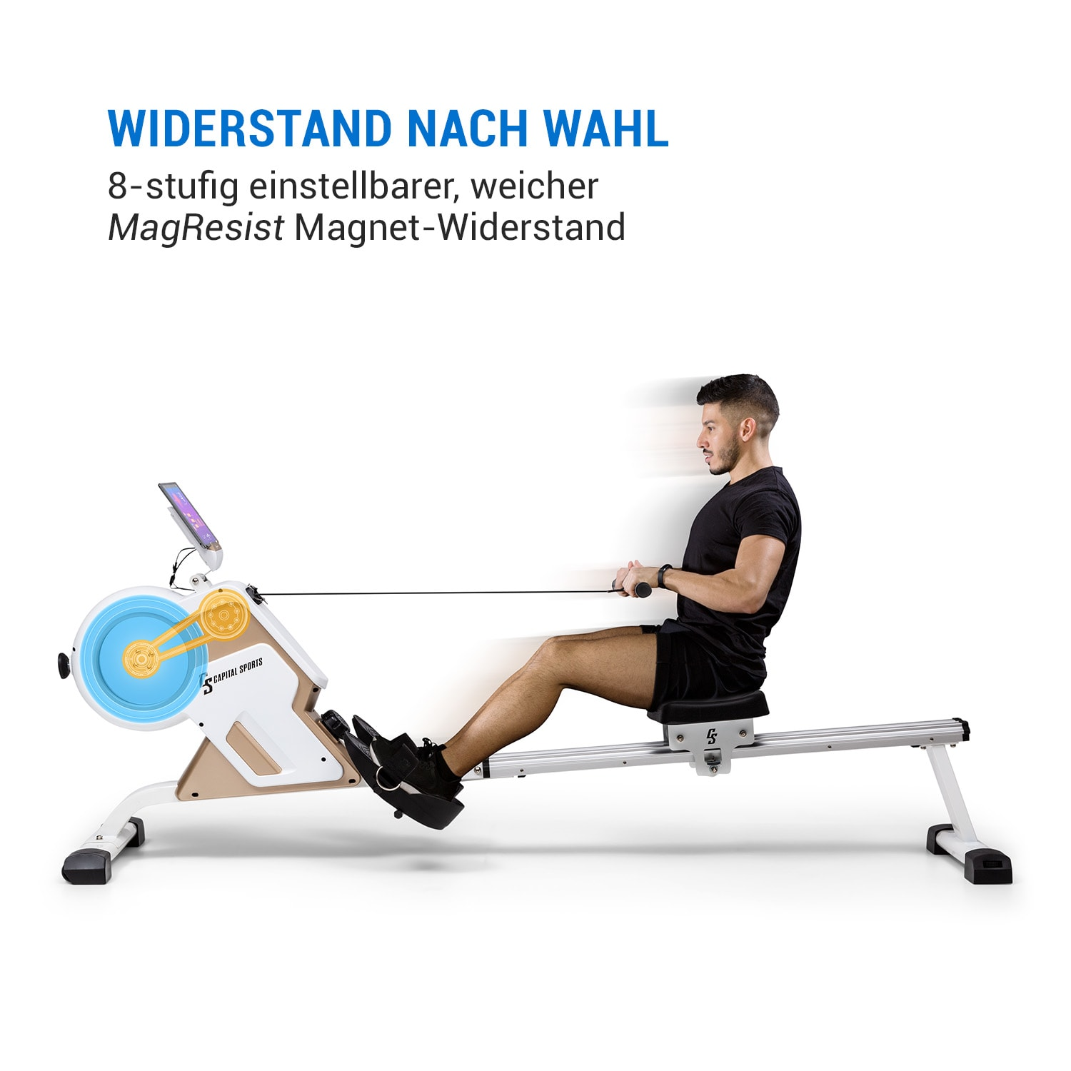 Ein Mann rudert auf einem Rudergerät. Text über den Widerstand befindet sich links.