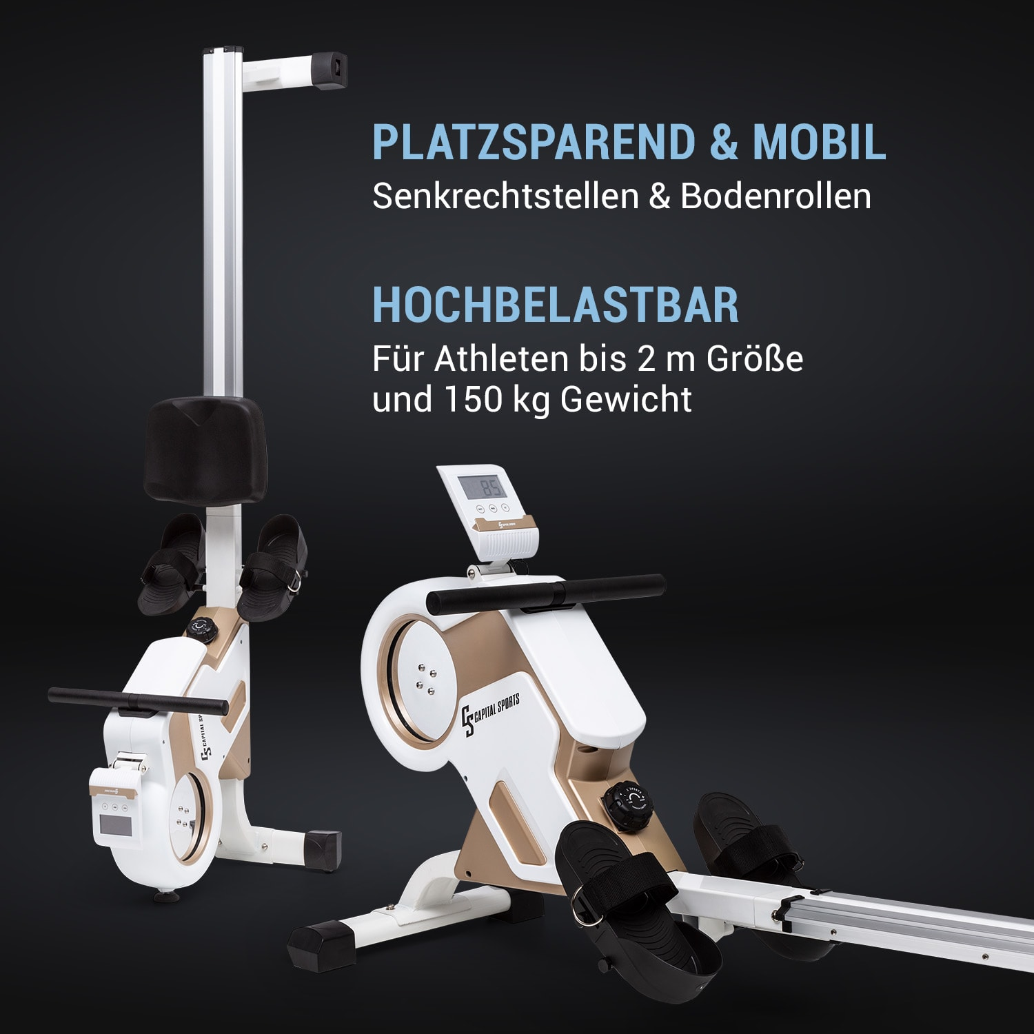Eine weiß-goldene Rudermaschine mit Text. Die Rudermaschine steht auf schwarzem Hintergrund.