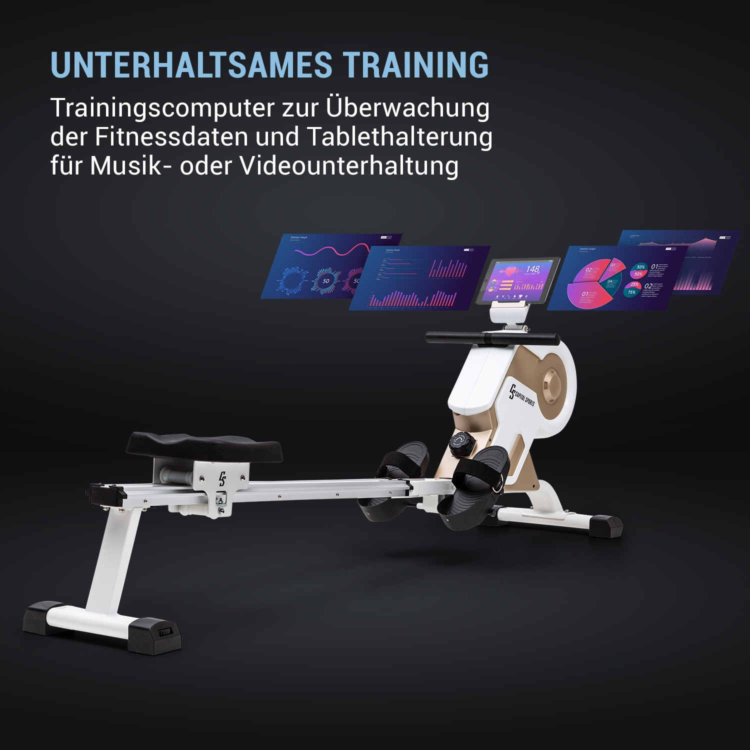 Eine weiß-goldene Trainingsmaschine mit Tablet, das Daten anzeigt, vor dunklem Hintergrund.