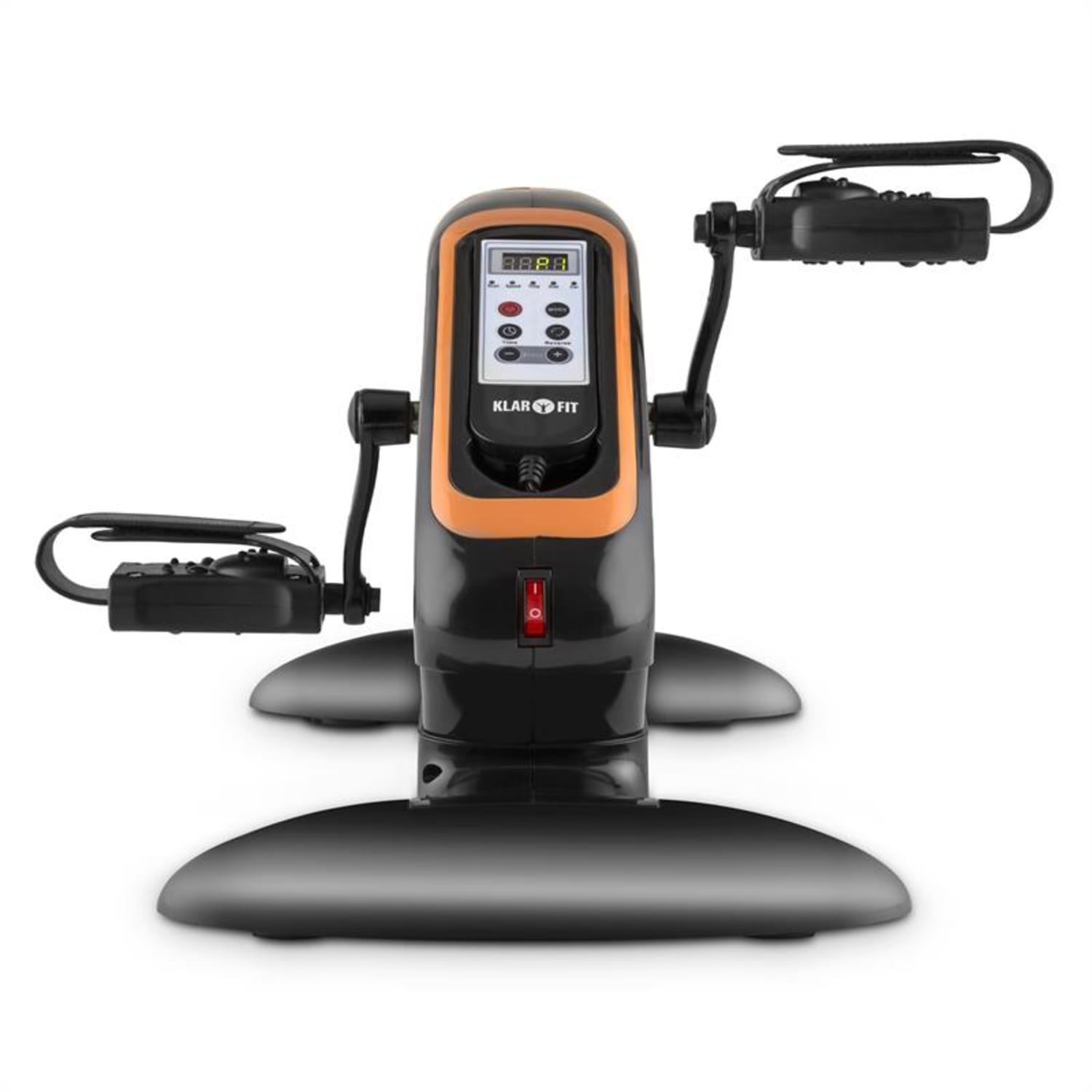 Ein Trainingsgerät mit Pedalen, Display und orange-schwarzem Design.