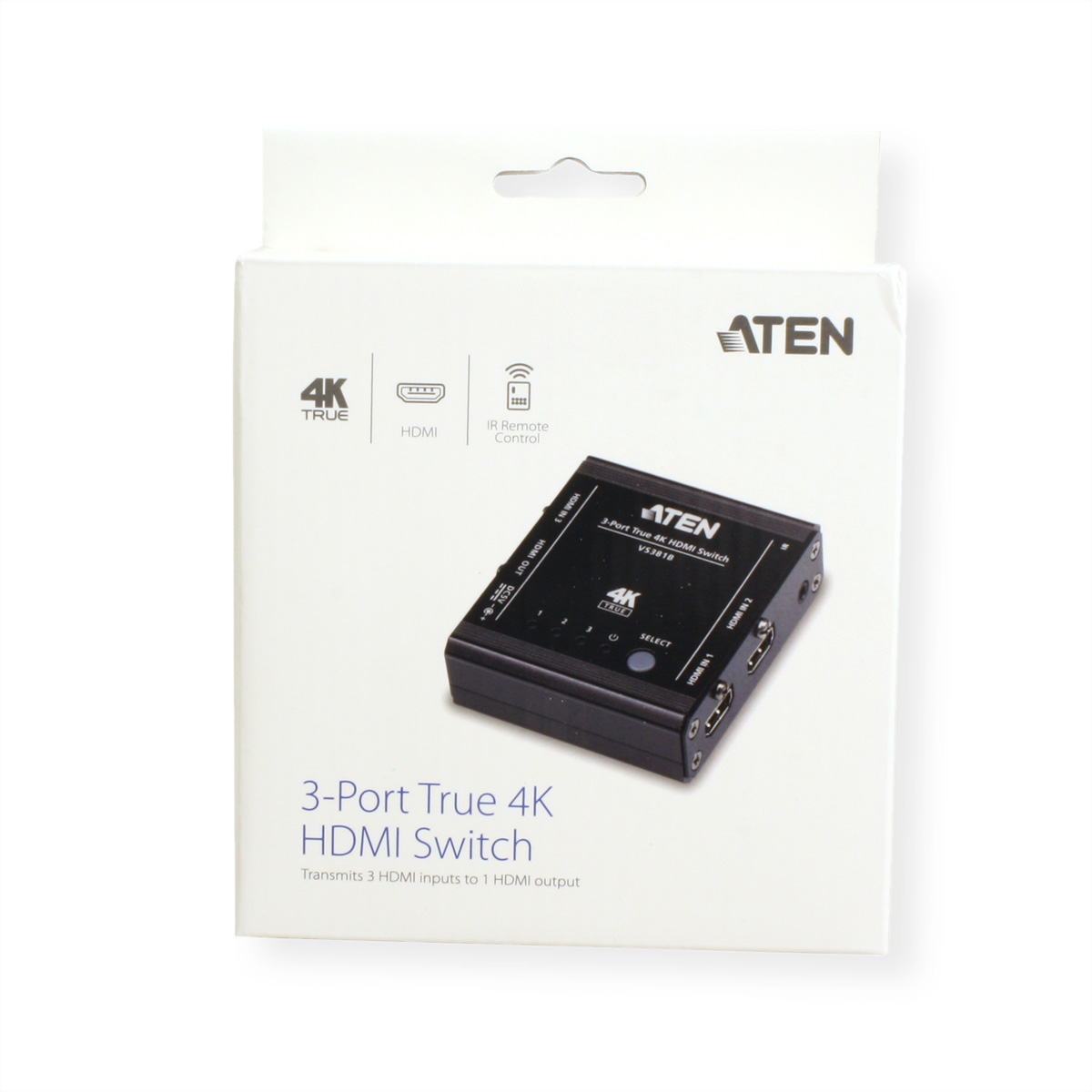 White box with a 3-port HDMI switch inside.  Black and white design.