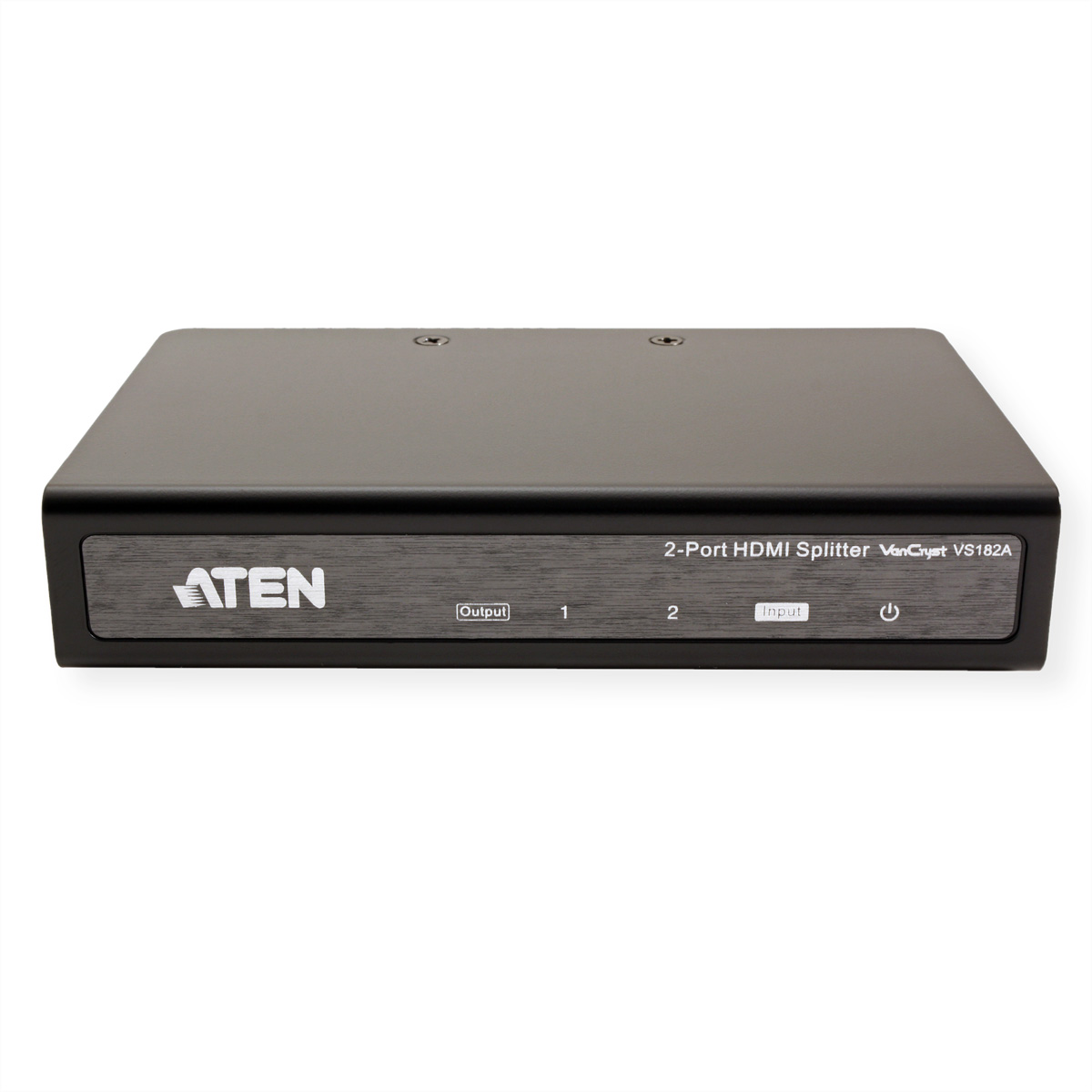 A black HDMI splitter with the ATEN logo. It has input, output ports, and a power button.