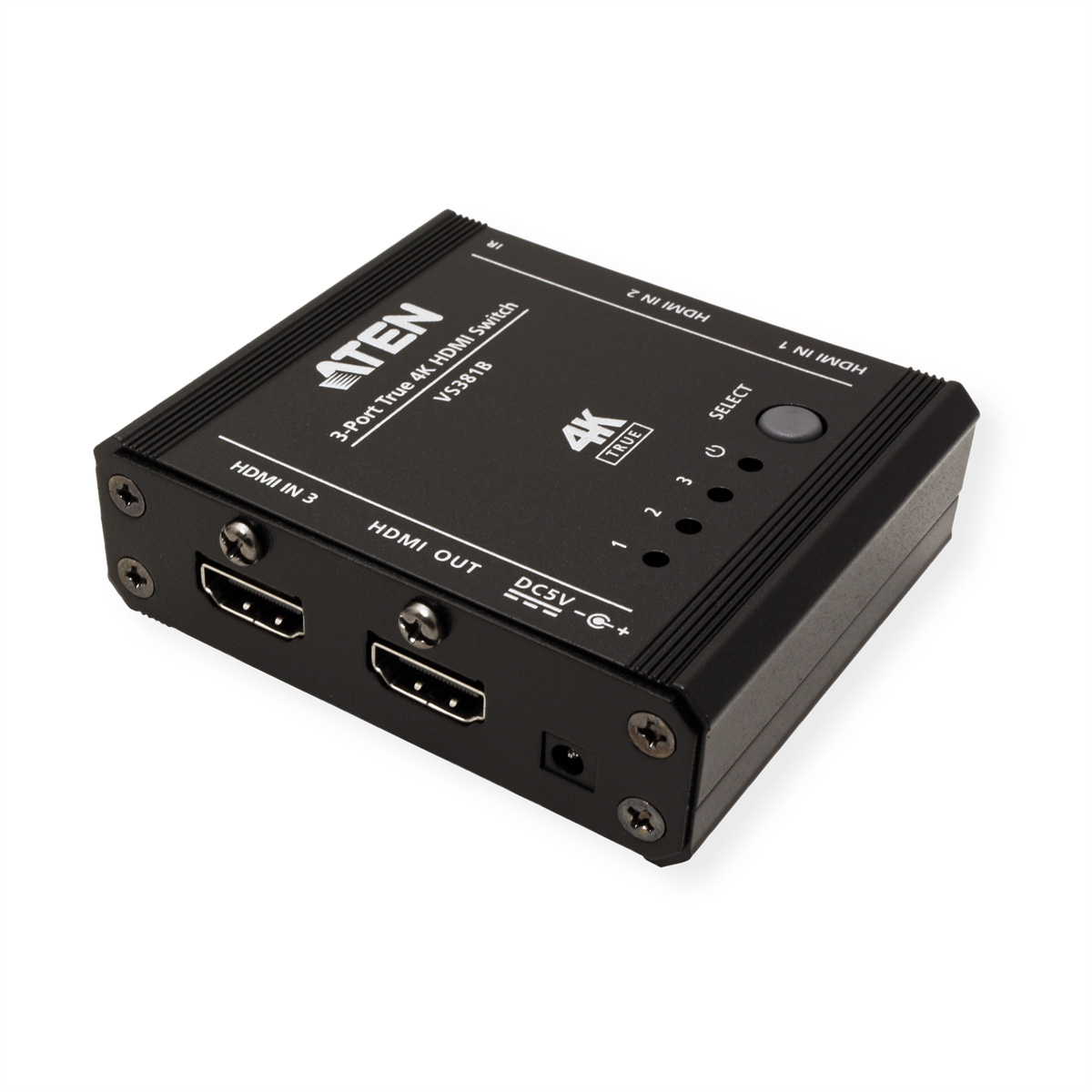 Black 3-Port 4K HDMI switch with HDMI ports and a select button. White background.