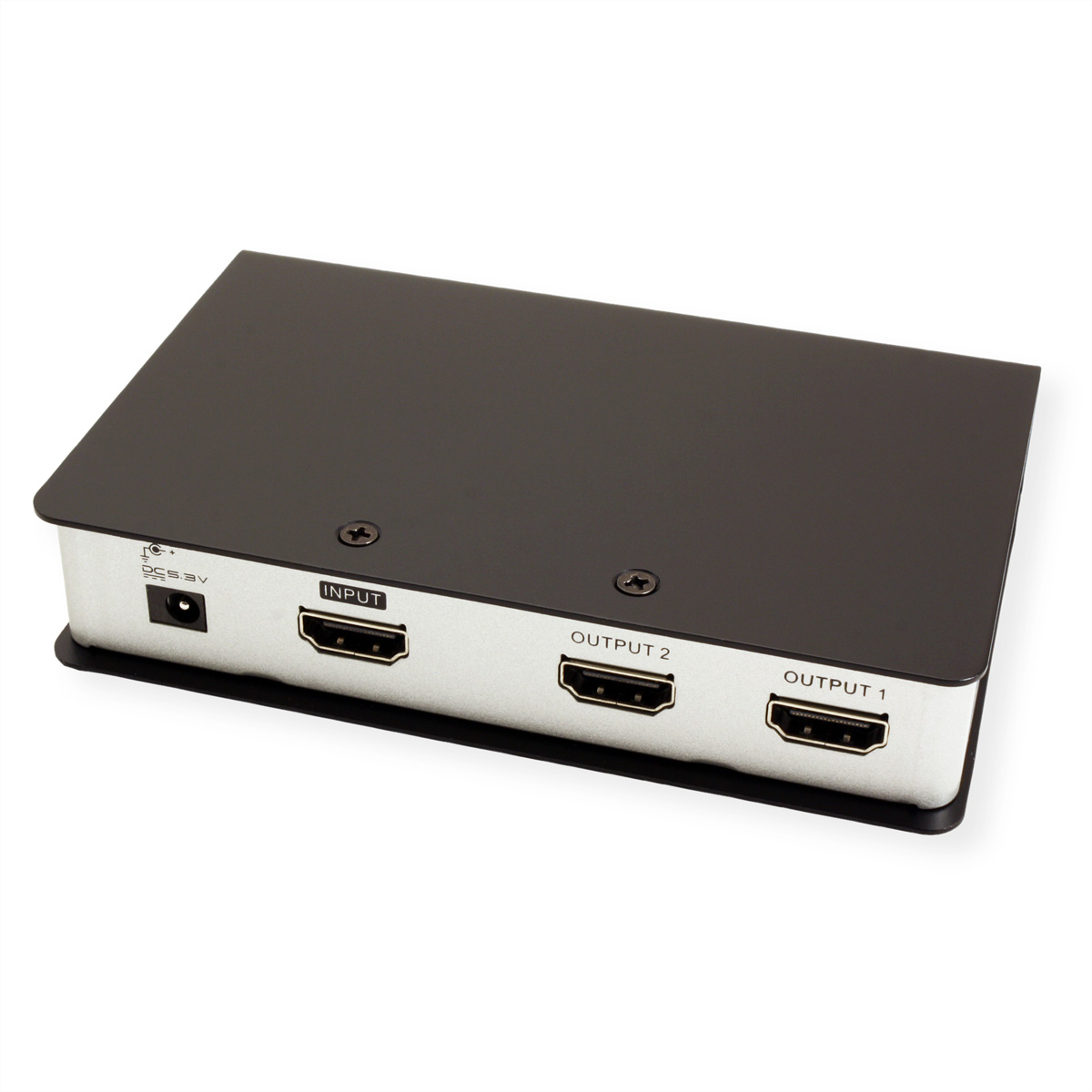 A black and silver HDMI input/output device. Has input and output ports and screws.