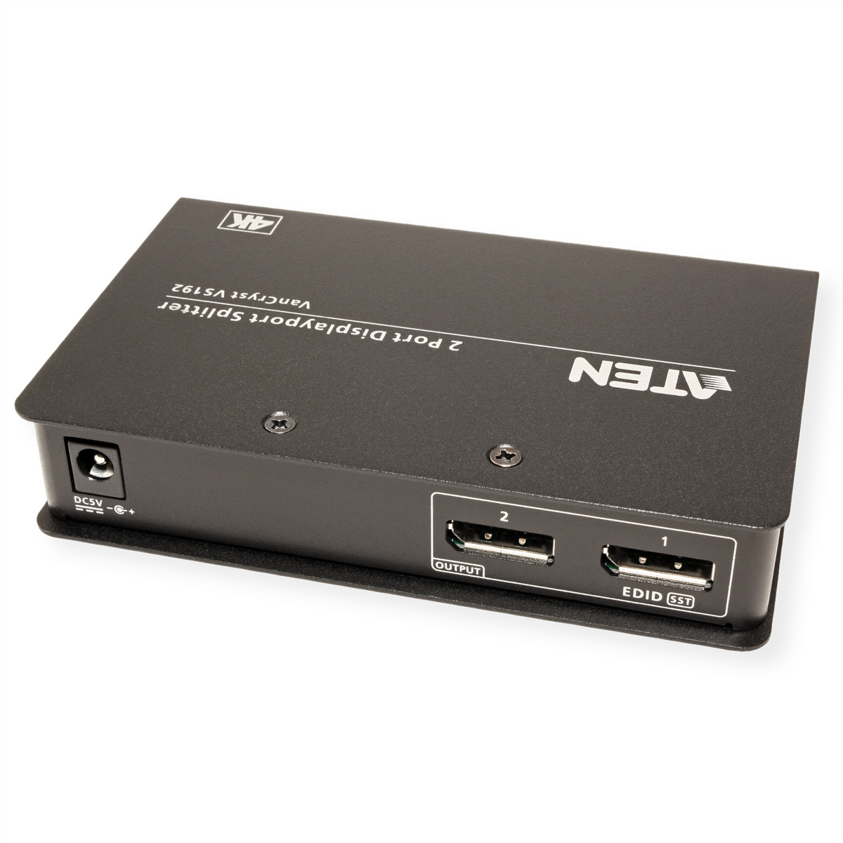 Ein schwarzer ATEN 2-Port DisplayPort-Splitter.