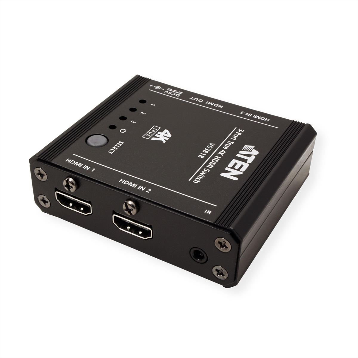 A black HDMI switch with several ports and buttons. The ATEN logo is displayed.