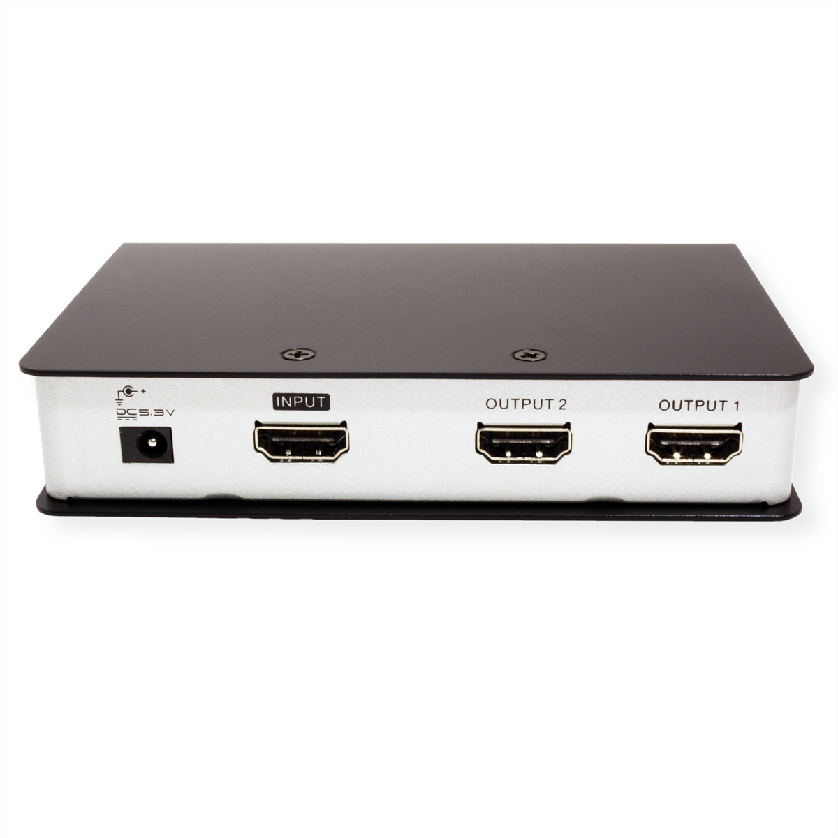 Black HDMI splitter with input and two outputs, labeled on the device.