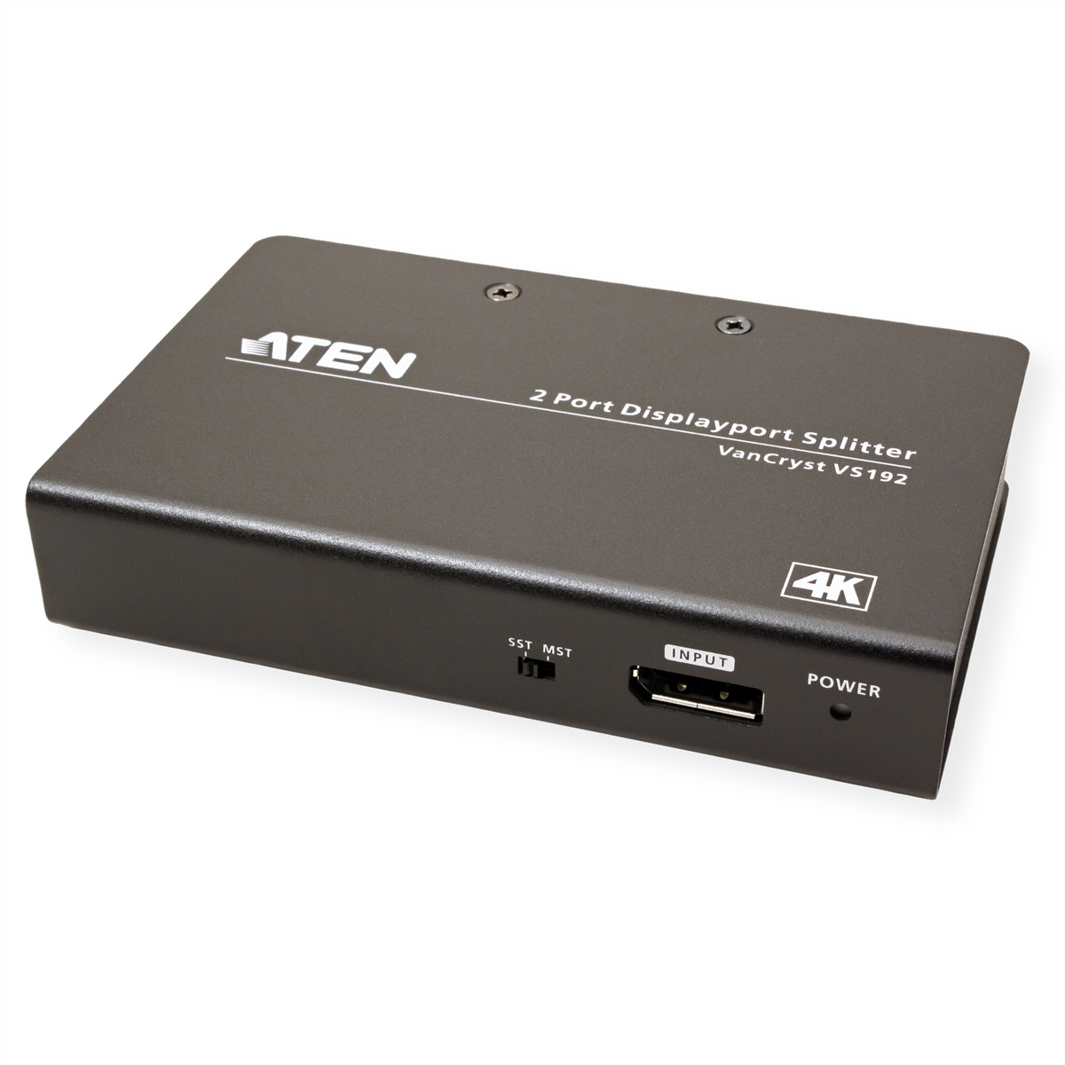 Schwarzer ATEN 2-Port DisplayPort Splitter. HDMI-Eingang und Stromanschluss sichtbar.
