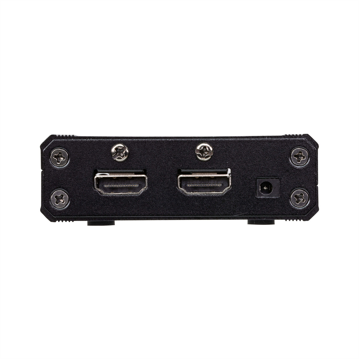 Black HDMI splitter with two ports and a power input, isolated on a white background.