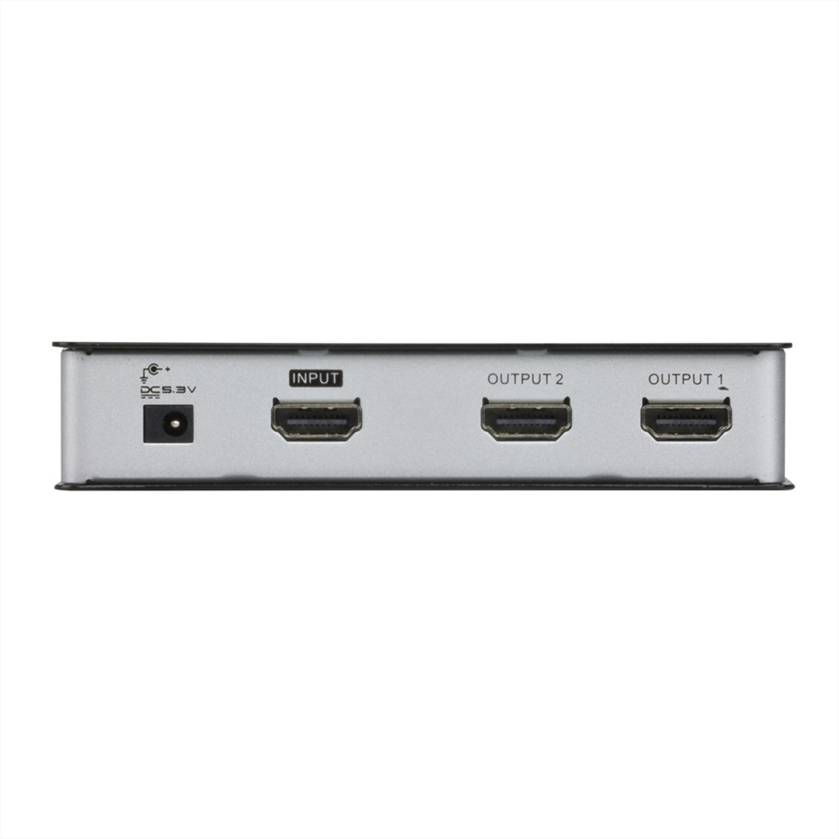 Silver HDMI splitter with input and output ports.