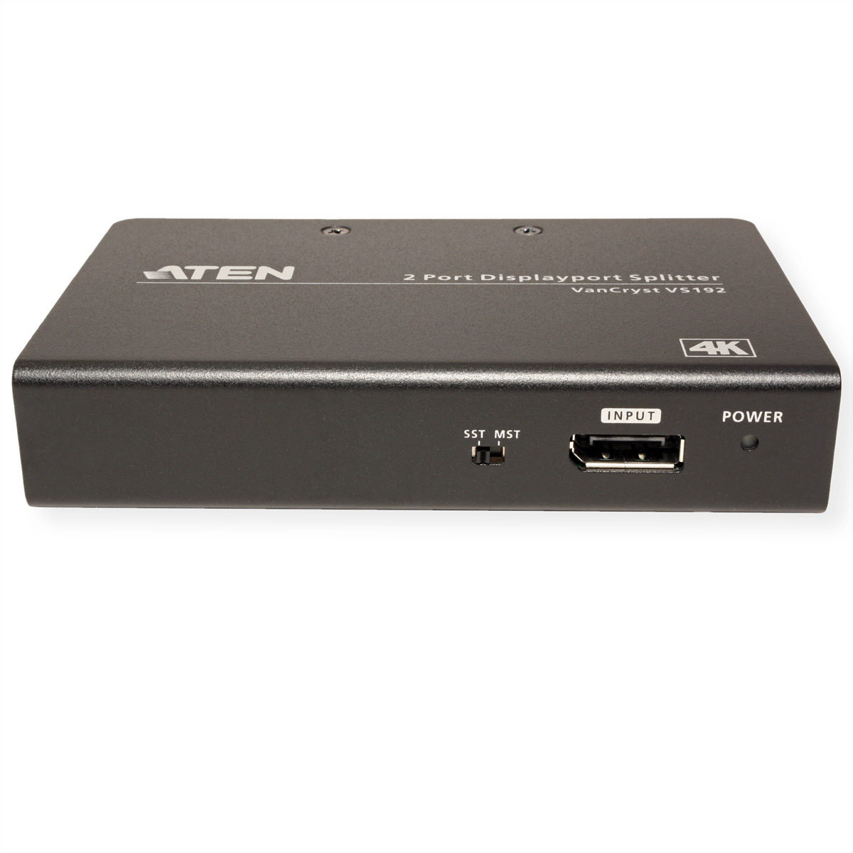 Schwarzer 2-Port-DisplayPort-Splitter mit Eingangs-, USB- und Stromanschlüssen. Weißer Hintergrund.